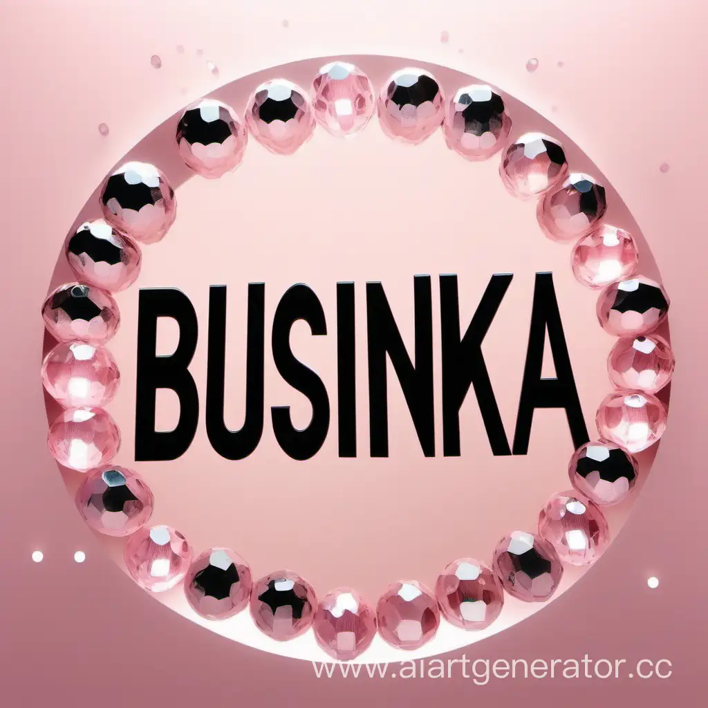 In the circle, the word BUSINKA is written in black letters, on a light pink background, with transparent faceted beads in the background, shimmering, sparkling, floating in space.