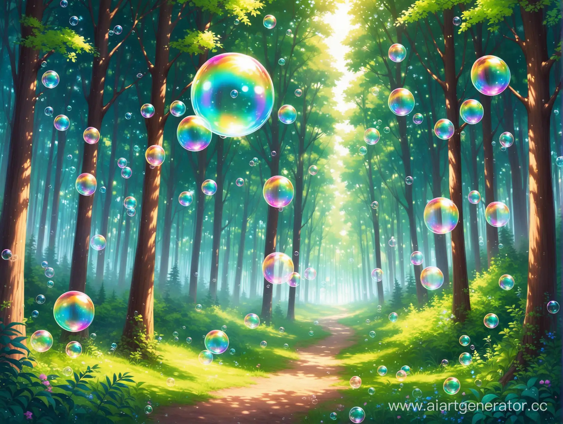 Delightful-Children-Playing-with-Vivid-Soap-Bubbles-Amidst-Lush-Forest