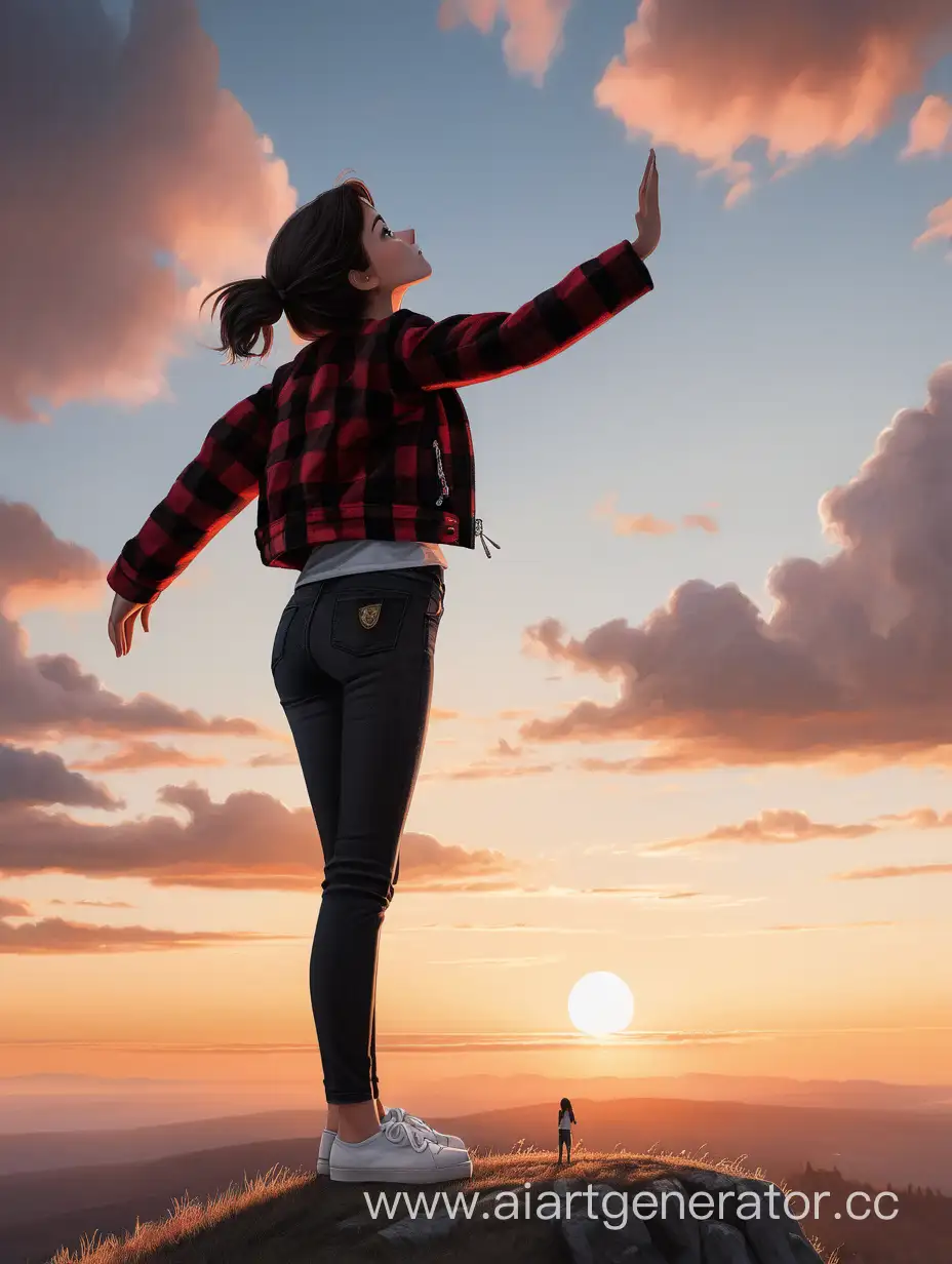 a high hill. sunset. A girl with dark brown hair up to her waist is standing on a hill with her back to him. She's wearing a white T-shirt and tight black jeans. A red and black checkered jacket is tied around the waist. the girl stretches her hand towards the sky. There are clouds in the sky