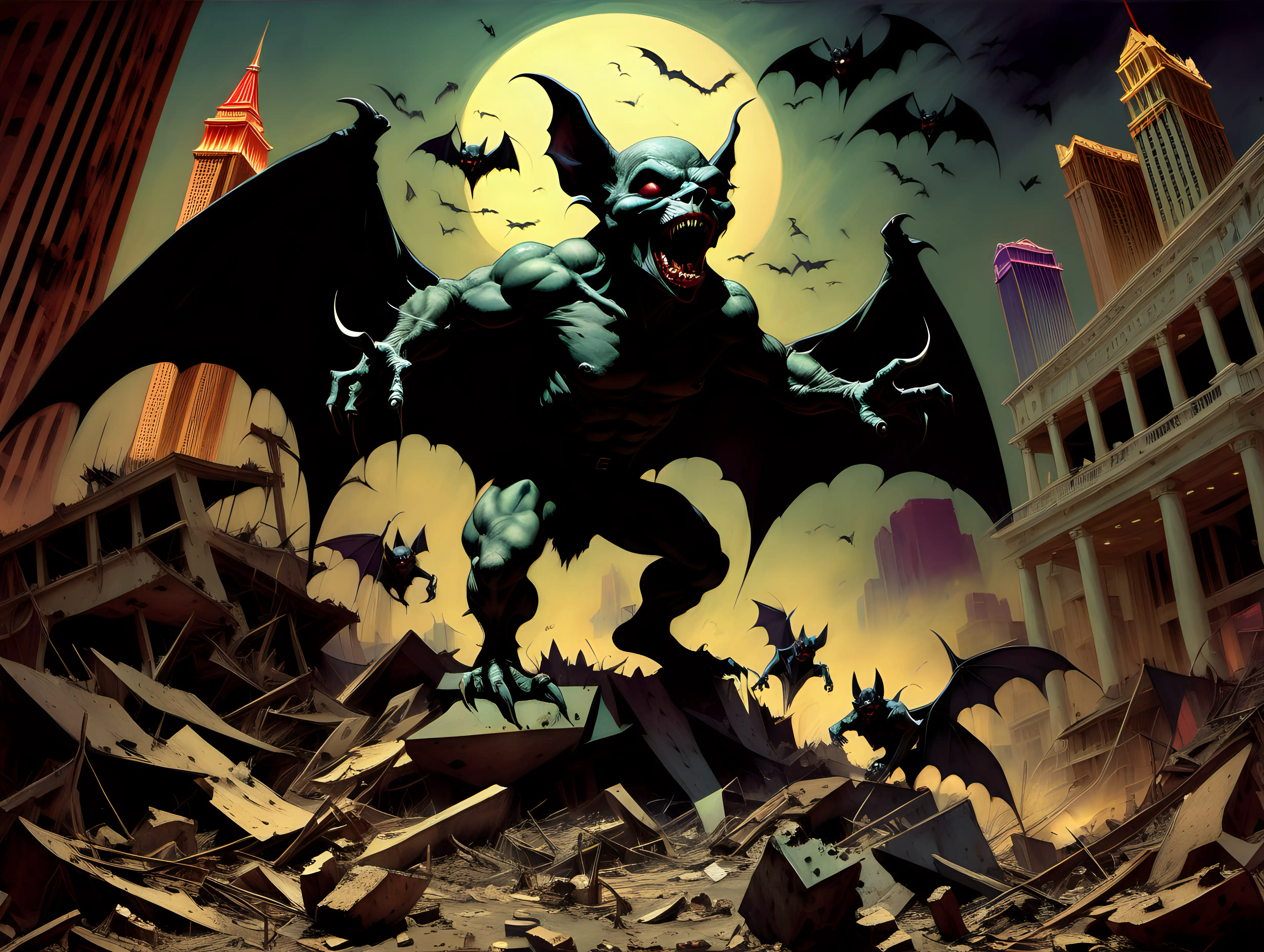 Dystopian Las Vegas Ruins Vampire Bat Invasion Frank Frazetta Style
