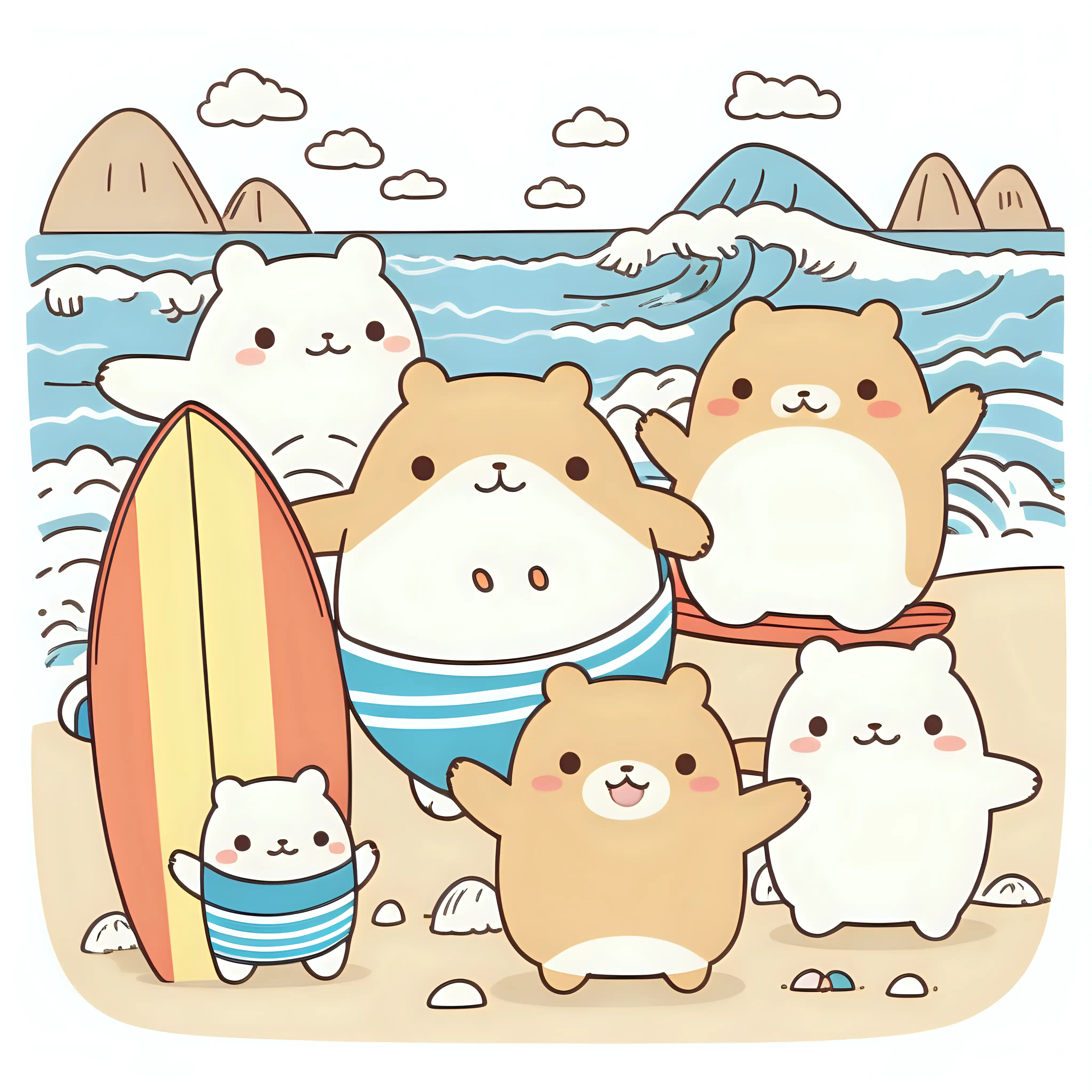 Adorable Sumikko Gurashi Characters Mastering Surfing on a Beach