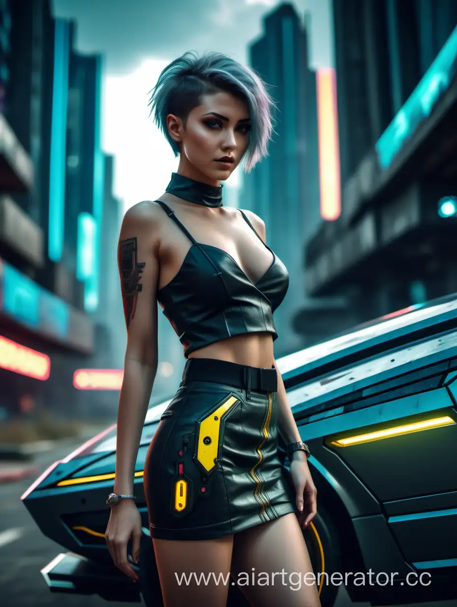 Сексуальная девушка, короткая стрижка, красивая грудь, в короткой юбке в стиле киберпанк 2077, соблазнительно смотрит и манит, вокруг город будущего и красивая машина