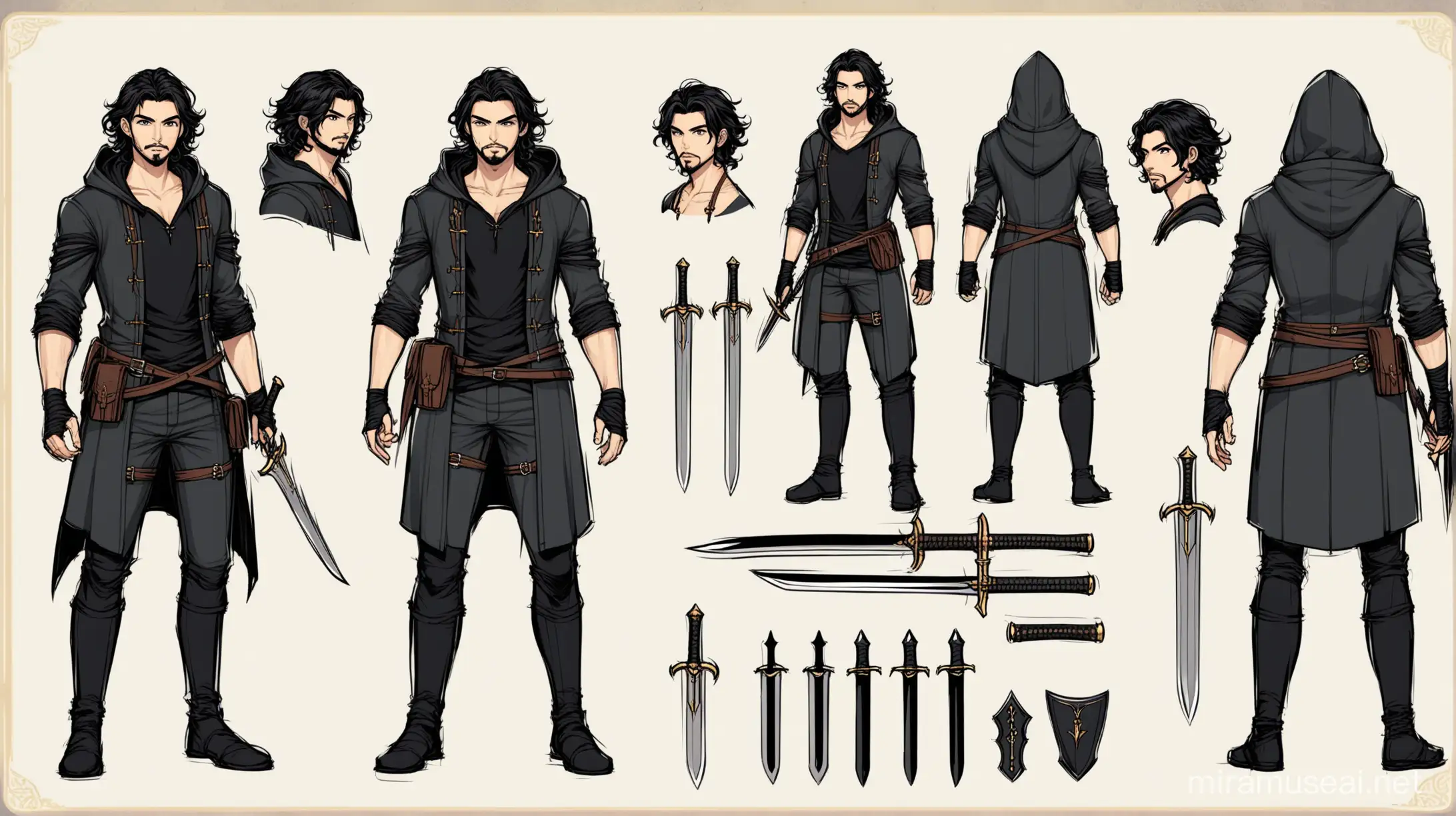 Character design sheet, fantasy rpg assassin, young man, stubble, medium length black hair, wavy hair, wearing hood, black and grey rpg style assassin in outfit, bow, dual dagger, 