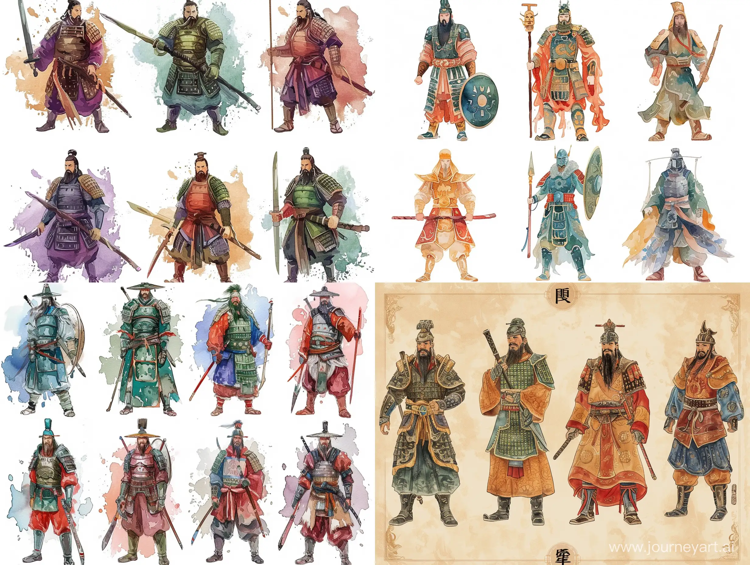 Six variants of the ancient of China warrior ,stylized caricature, Victor Ngai, watercolor, decorative, flat drawing