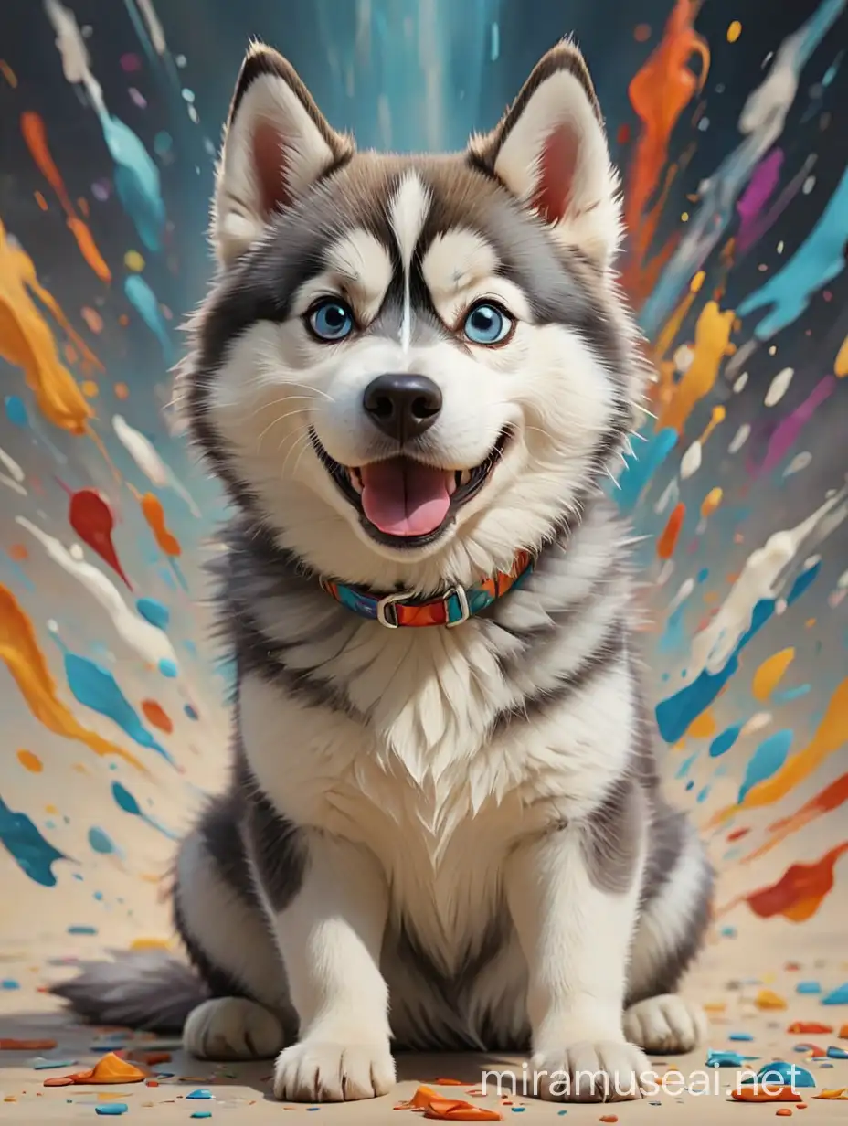 art movement focused on emotional impact through free-flowing shapes and colors, often without depicting real objects, with tiny happy Siberian Husky sitting on the foreground