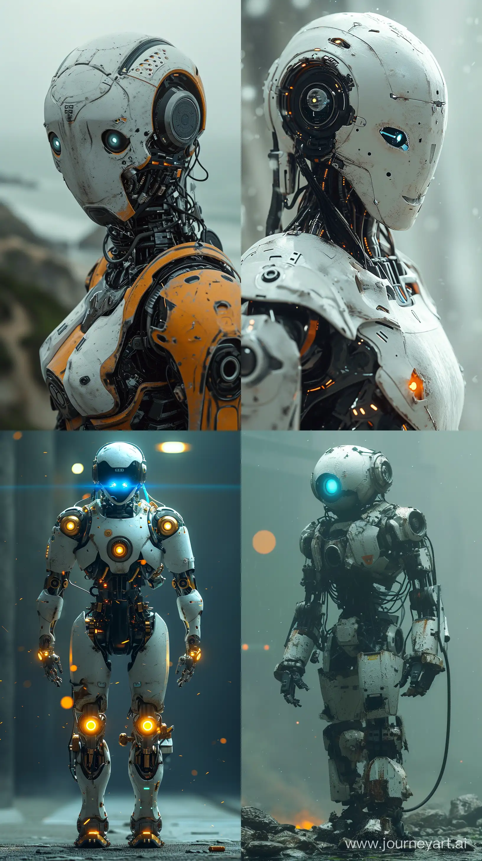 Робот со светящимися голубыми глазами стоит, робот сломанный::2, поломанный робот, стоит в полный рост, стоит в интересной позе, 8K::1.2, V-ray, realism::1.1, --s 300 --ar 9:16