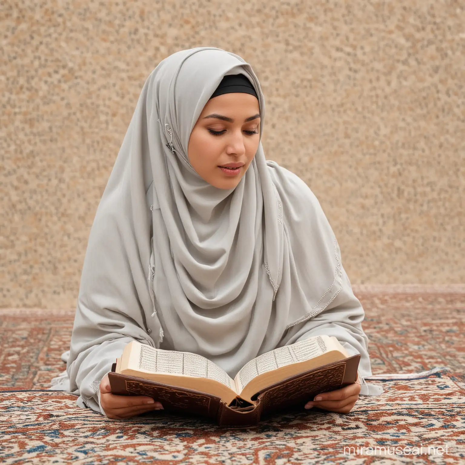 Devout Muslim Woman Reciting the Holy Quran in Peaceful Prayer