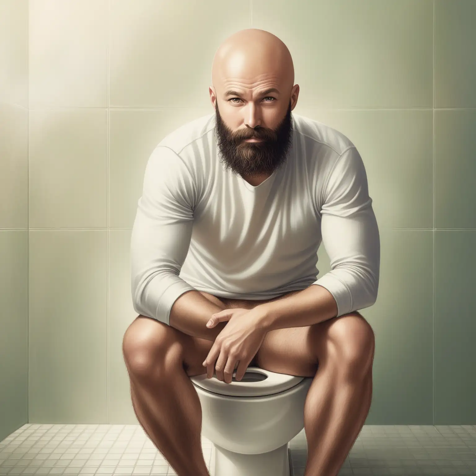 Bald man with a beard sitting on the toilet, pants down, album cover