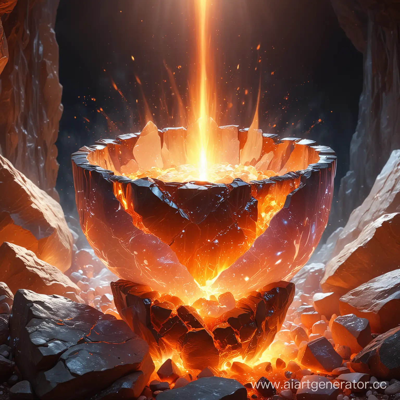 Fairy Tale atmosphere. A Heavenly Ray of light from the crevice above illuminates a Tongue of Flame from a Fire Opal Crystal in a stone bowl, front view.
fantasy style digital fantasy painting, landscape Magical place, unrealistically high detail, hyper-detailed textures volume, ultra hd, rendering.