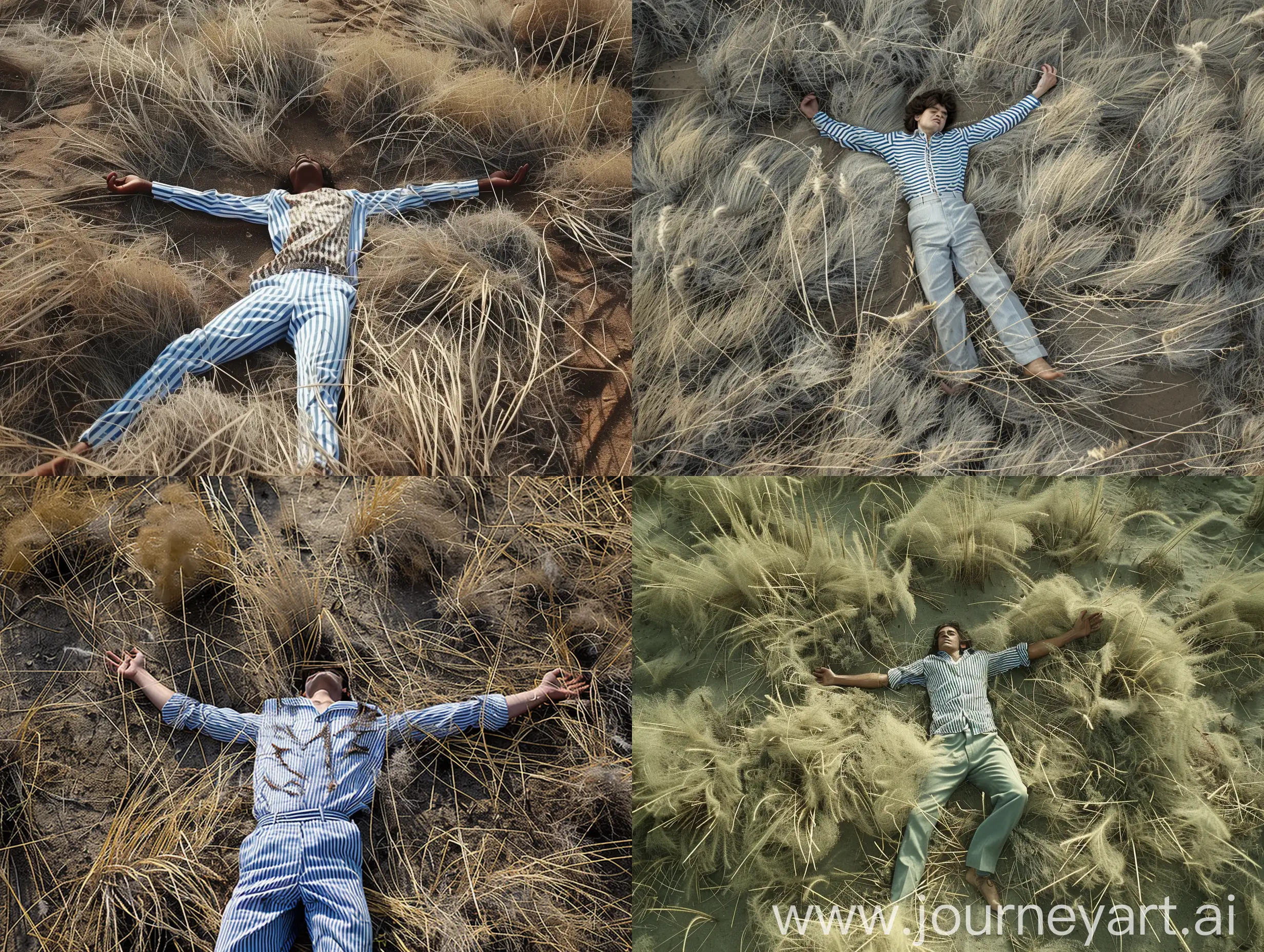 A man lying in the grass, arms and legs outstretched, surrounded by a lot of long barren grass, wearing a blue and white striped trouser shirt, disheveled, 