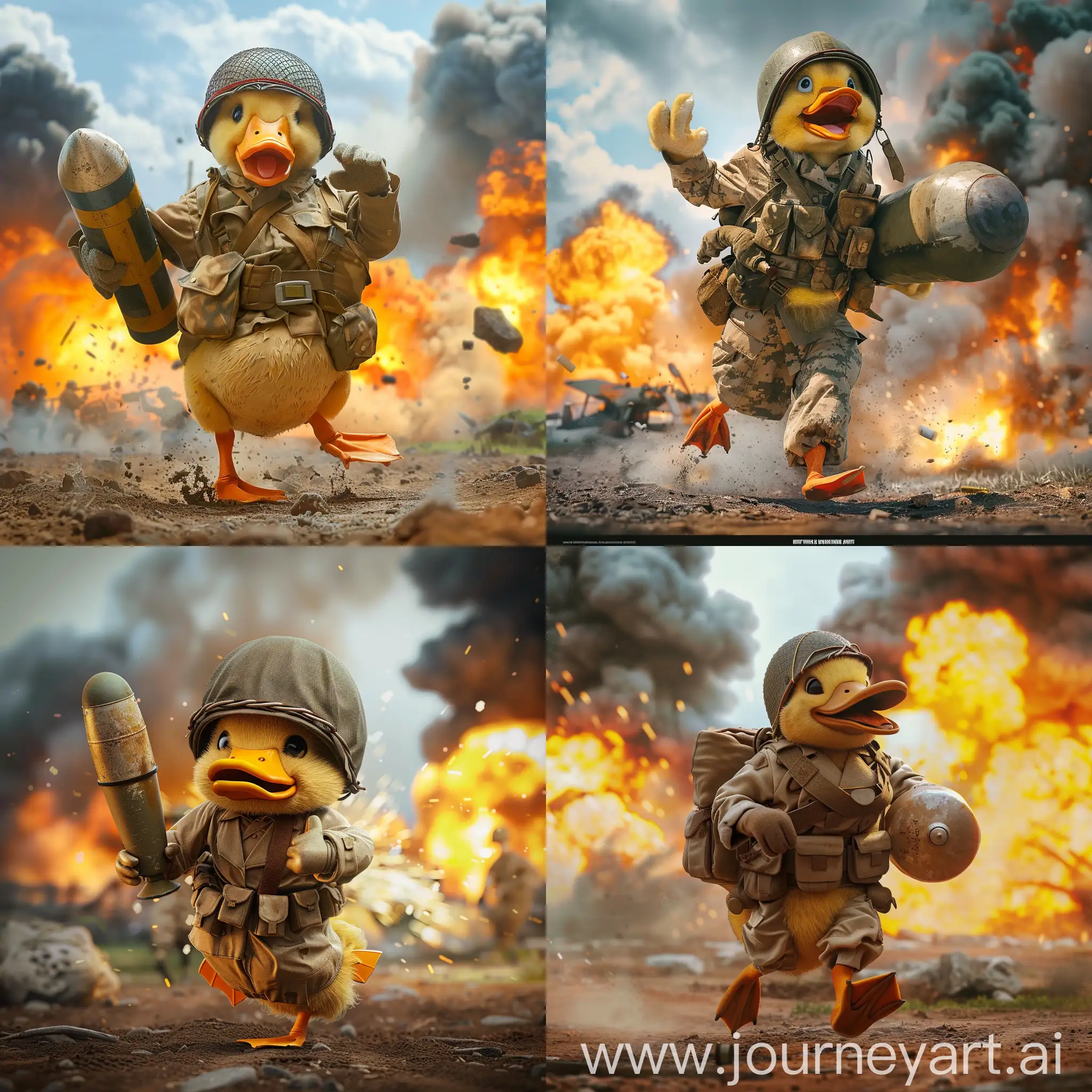 Adorable-Duck-Soldier-Carrying-WWII-Bomb-Amid-Explosive-Battlefield-Scene