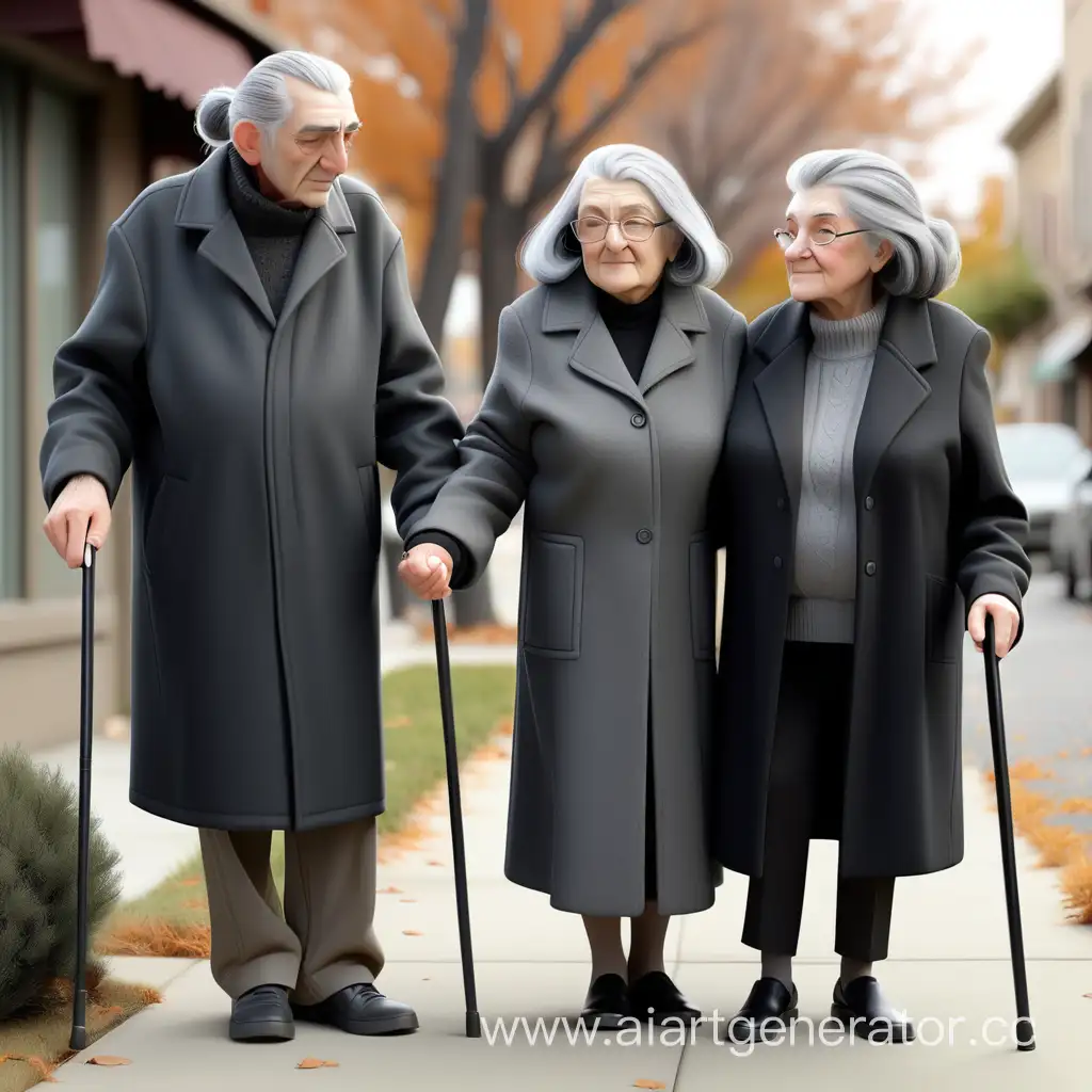 пожилая влюблённая пара за 60, бабушка с черно-седыми волосами, в черном пальто с тростью, держит за руку дедушку с черно-седыми длинными по пояс волосами, в черном пальто, с тростью очень длинные седые волосы 