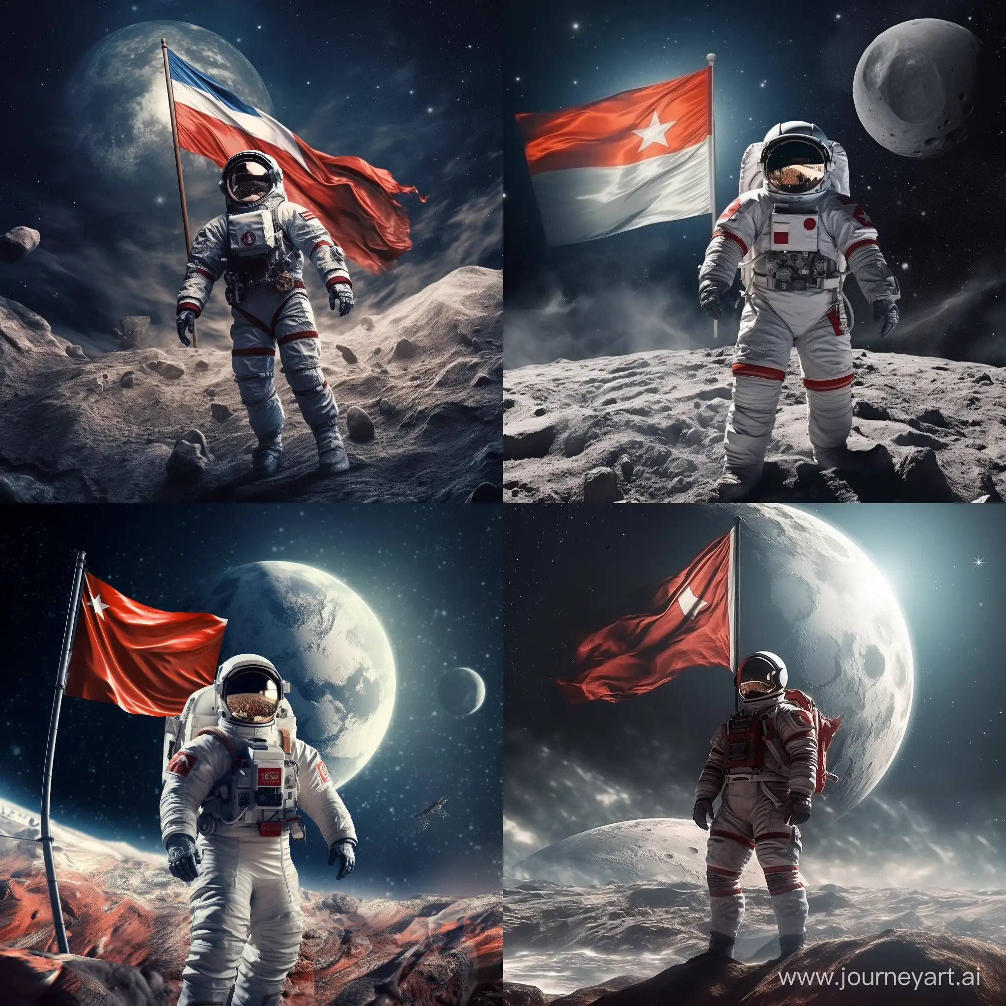 Russian-Cosmonaut-Waving-Flag-on-the-Moon-Amidst-Stars-and-Rockets-3D-Space-Exploration
