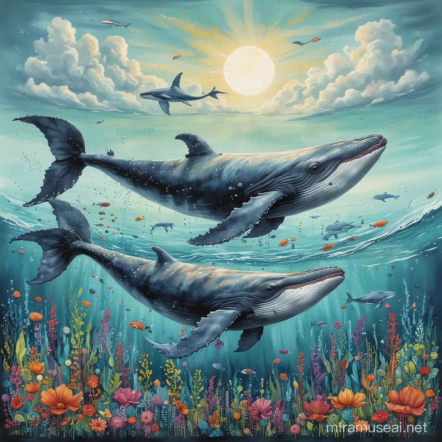 Playful Whimsical Art Depicting Graceful Whales Swimming Under the Moonlight