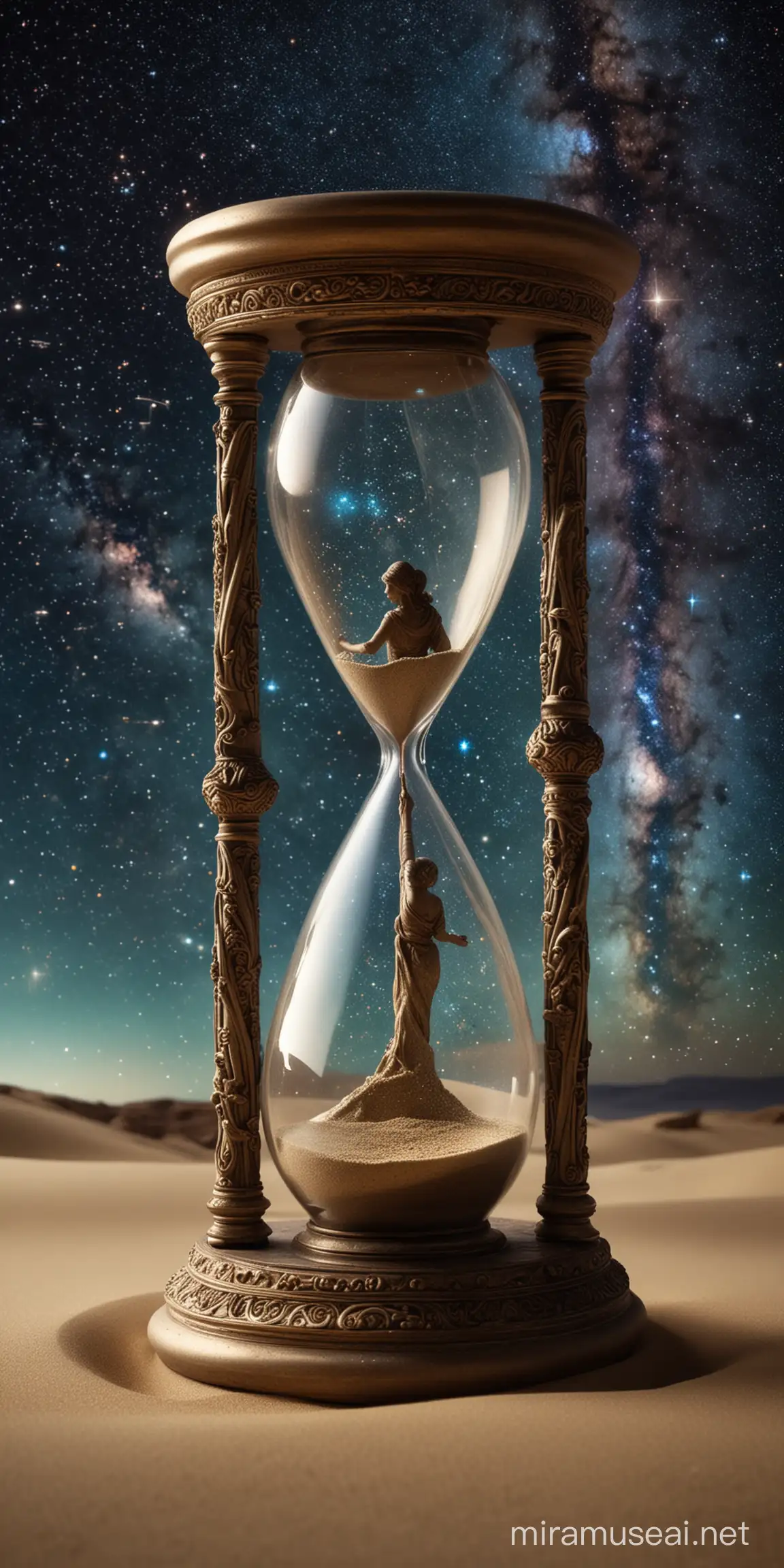 In an ancient chamber, an ornate hourglass defies convention, its glass filled with swirling galaxies instead of sand. A figure, draped in stardust, reaches out to touch the cosmic timepiece, as if beckoning to rewrite the stars.