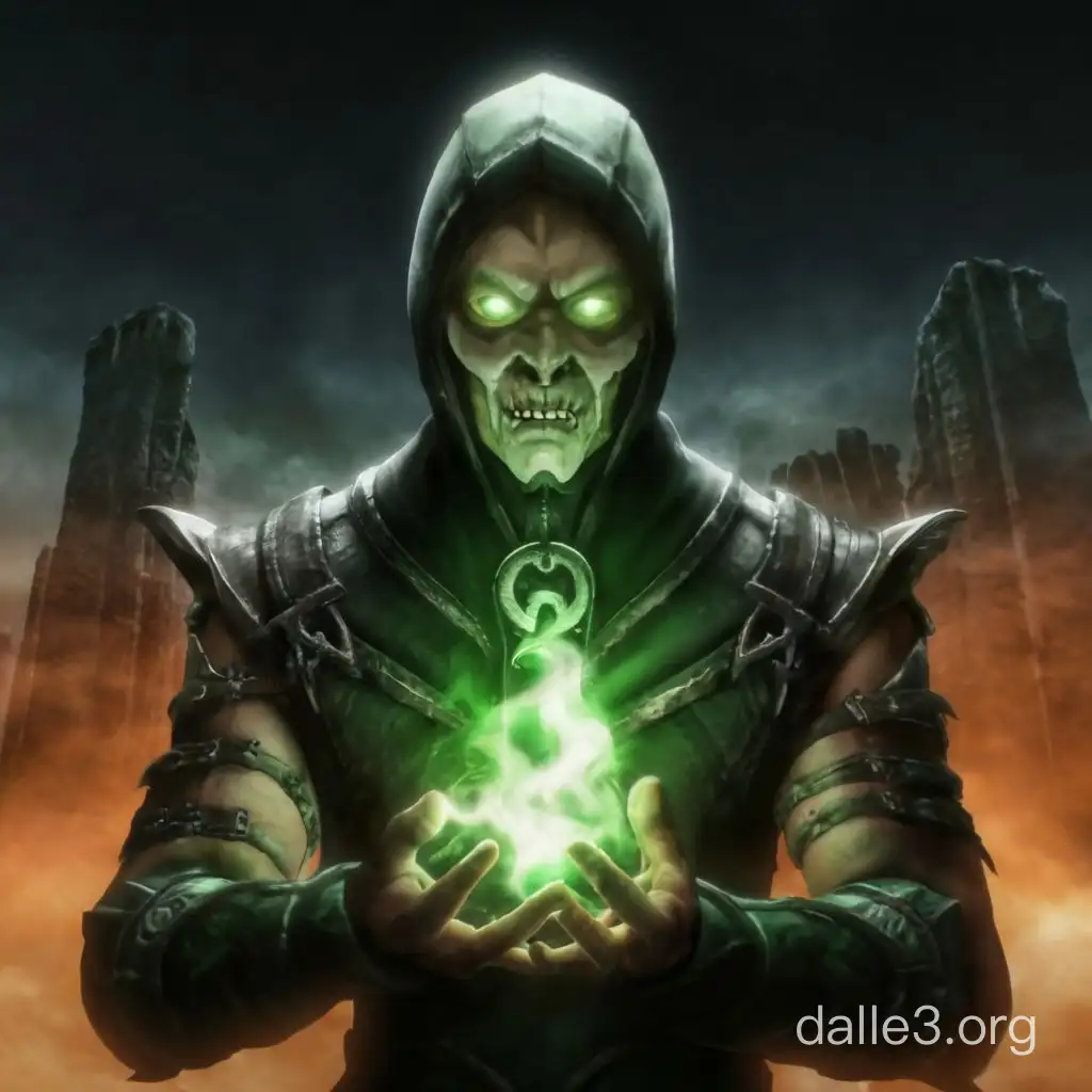 Quan Chi from Mortal Kombat 9 casting green fire spells from his hands amidst an eerie fog, with the silhouette of ancient ruins barely visible in the background.. hyper realism fused with 3d art 