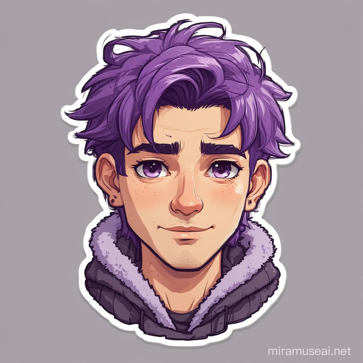 cozy man, cartoon sticker style, high level detail, purple colored hair