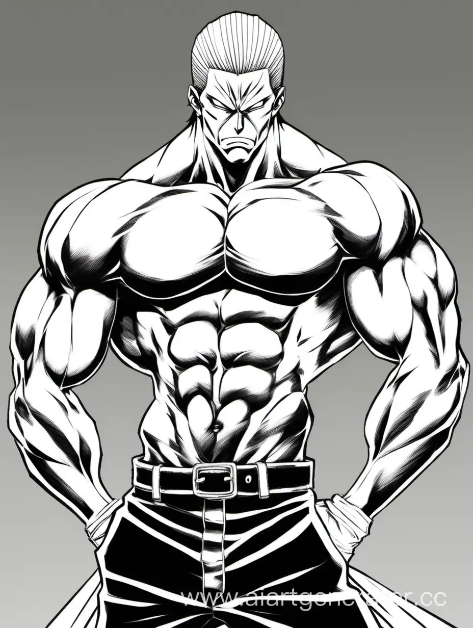 Muscular Kanoh Agito from Kengan Omega with long classic slick back hairstyle stands serious, manga sryle