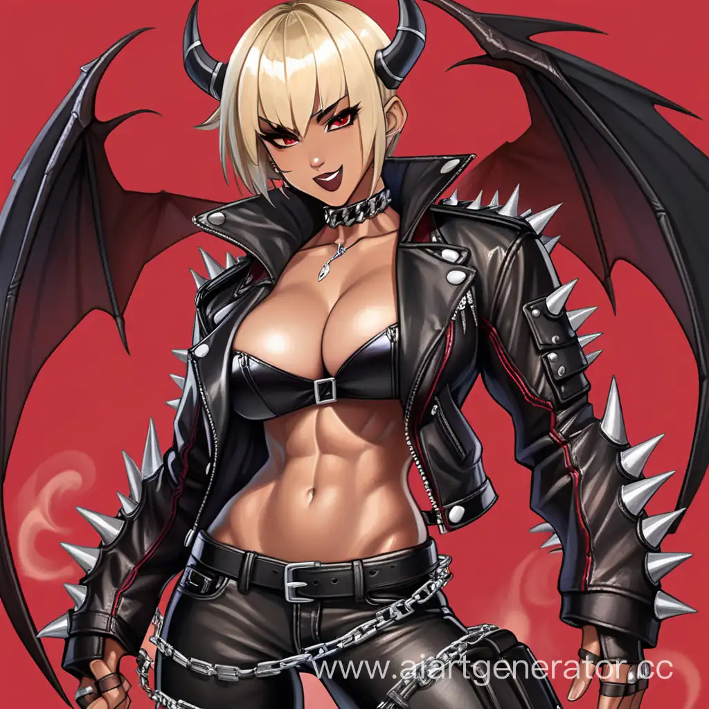 Field, 1 Person, Women, Dragonoid, Blonde hair, Short Hair, Spiky Hairstyle, Dark Ebony Brown Skin,  Black Horns, Leather Wings, Black Jacket, White Shirt, Black Leather Pants, Choker, Chains, Scarlet Red Lipstick, Serious Smile, Big Breasts, Brown-eyes, Sharp-eyes, Muscular Arms, Muscular Legs, Well-toned body, Muscular body, Flexing Muscles, Red Smoke, 