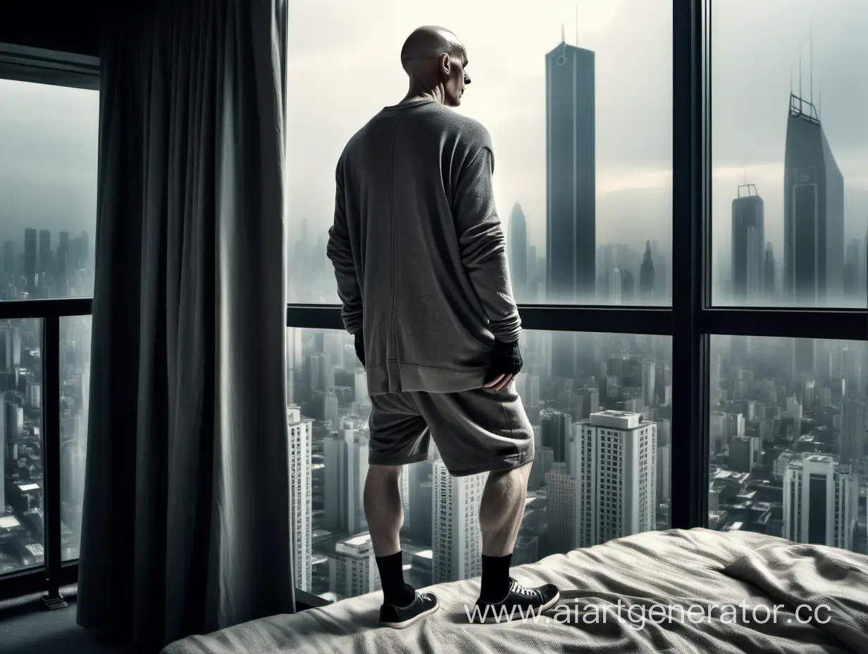 a white bald man wearing a grey cardigan, short pants and sneakers of rick owens, looking from a bedroom of an apartment of a high skyscraper on a city like in blade runner.  show full body. hands n pockets. daytime. very detailed, 4K HQ, depth of field, f/1.2, Leica, 8K HDR, High contrast. Subject: The Human-to-background ratio is visually striking at 1:20