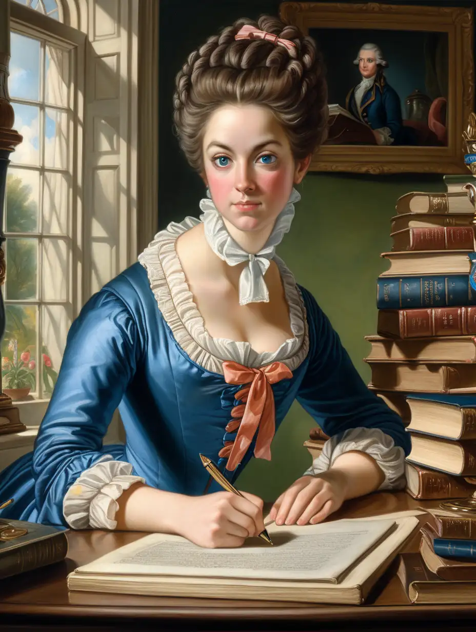 a brown hair, blue eyed 32 year old woman dressed in 18th century clothing writing at desk stacked with books with a window overlooking a garden behind her in the style of Gilbert Stuart