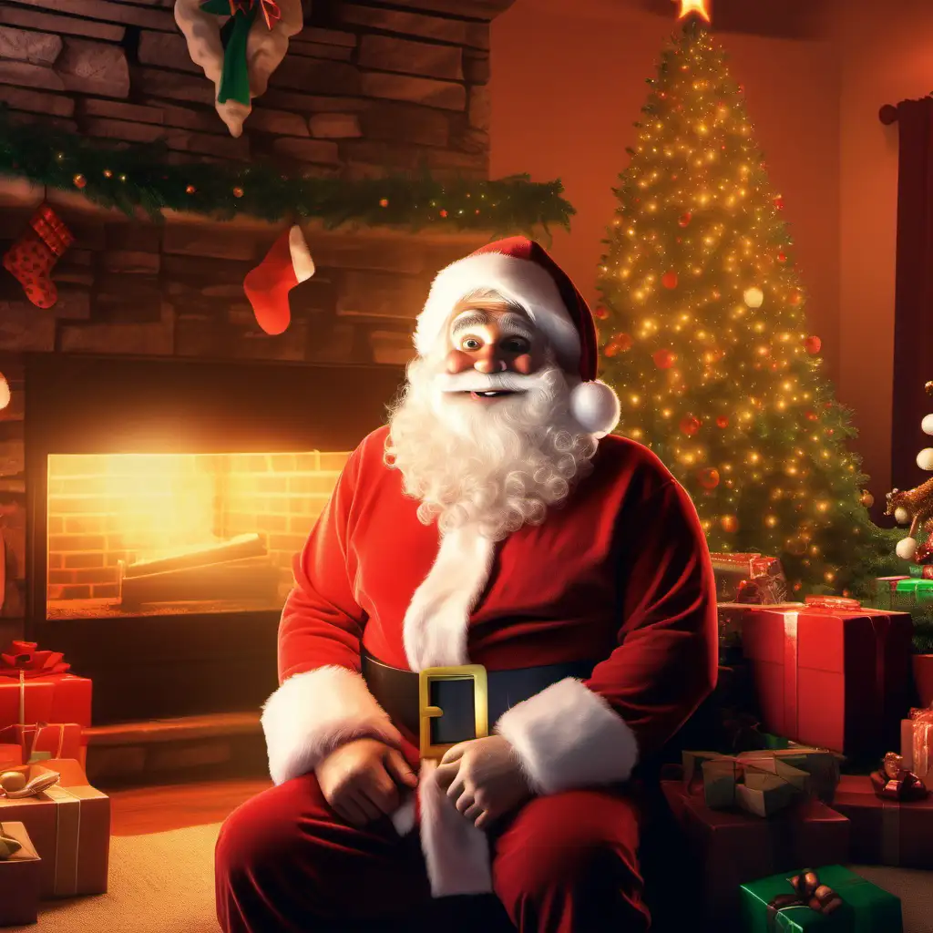 genera una imagen estilo Disney Pixar de Santa Claus mirando a cámara, de fondo un árbol de navidad y una chimenea con fuego. Luz cálida