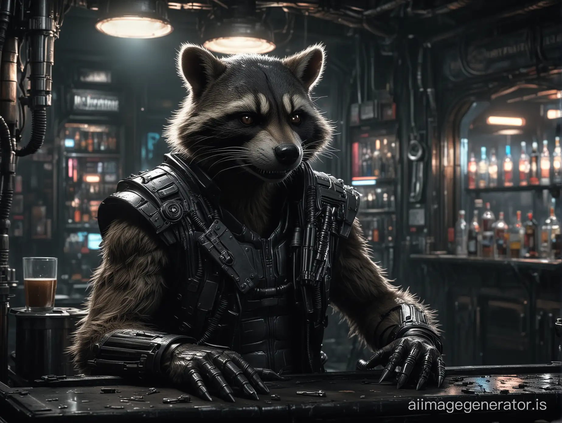 "Rocket Raccoon" Cyberimplants, noir at the bar in the cyberpunk style, (neon lighting, Giger-style abandoned world location); (epic, epic detail, masterpiece, best quality, photorealistic, ultra-high detail)