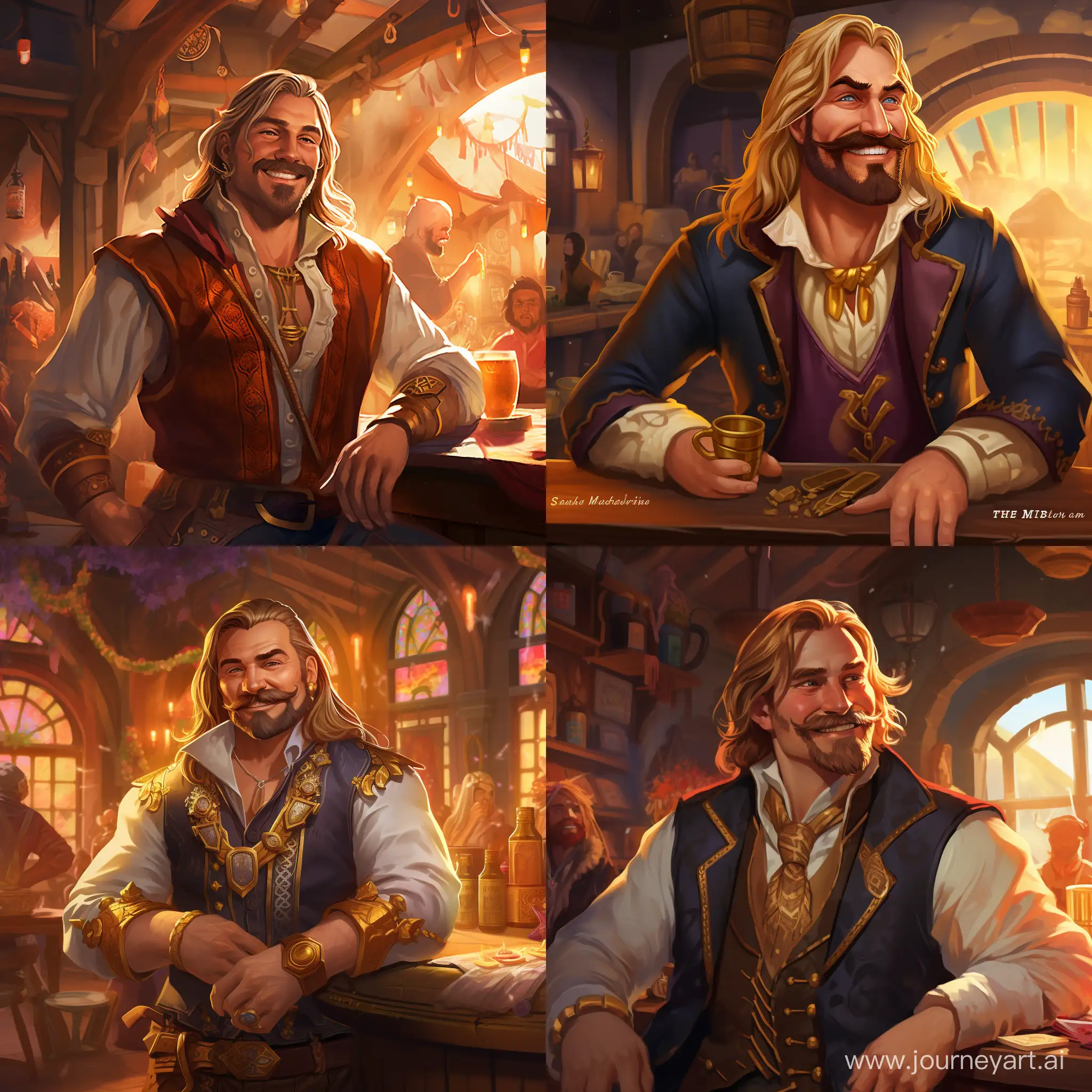 Draw me a concept art of a Viking trader who has long blond hair and a long beard with a mustache. 
He is 35 years old and looks young. He is dressed in expensive clothes and wears gold rings with stones. Smiling. In the background there is a tavern where people are having fun
