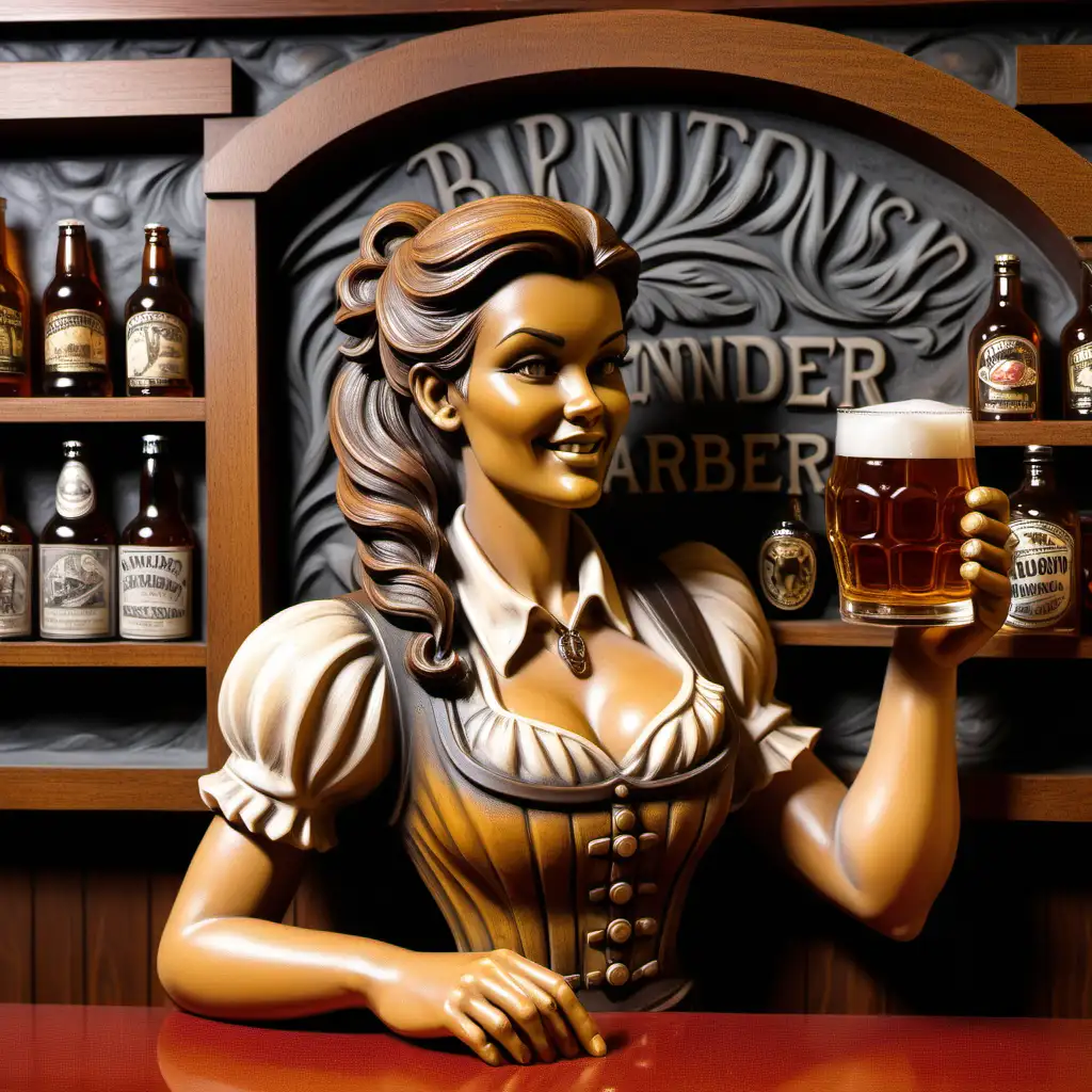 Bas-relief, a pretty bartender, with beer and whiskey, in a saloon