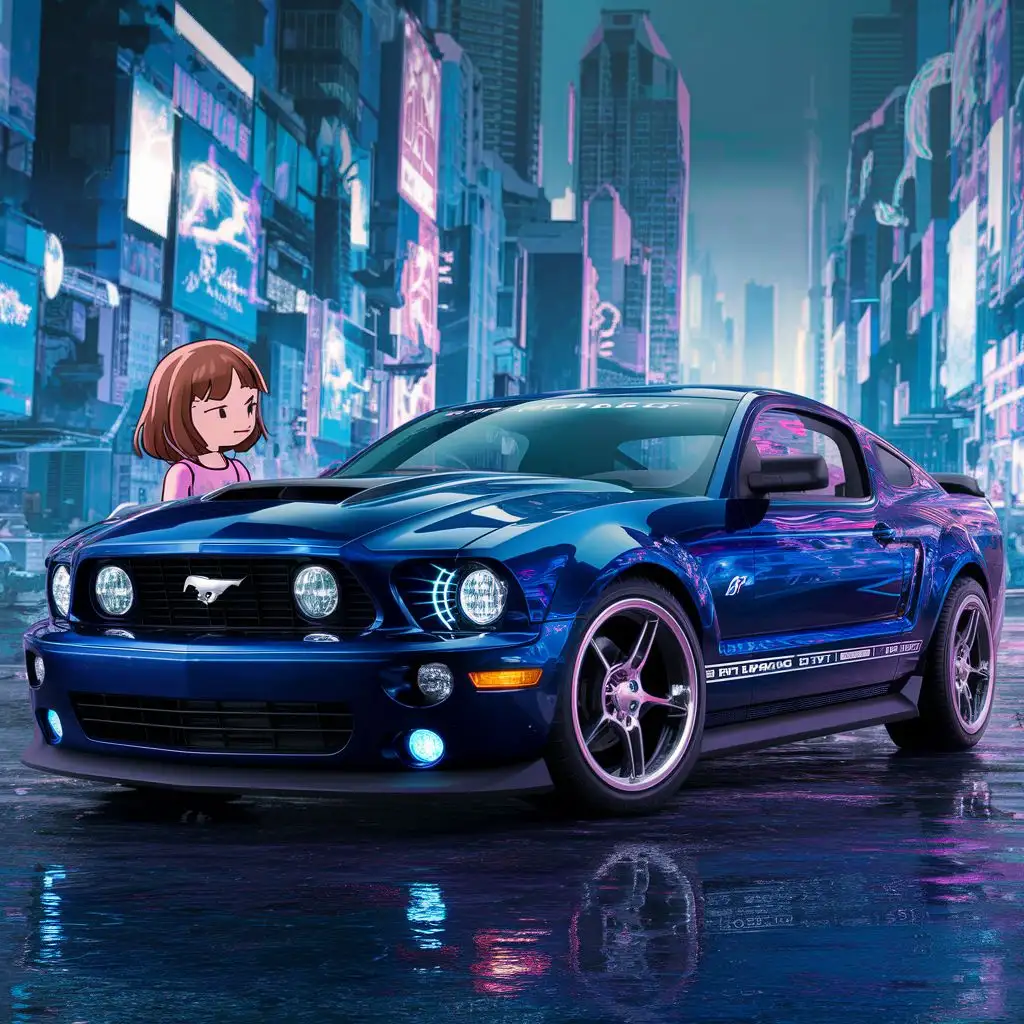 Big city, dark blue 2005 mustang GT, batman edition, cute white short brown hair girl, beautiful background Sunny colorful, many, cyberpunk city 