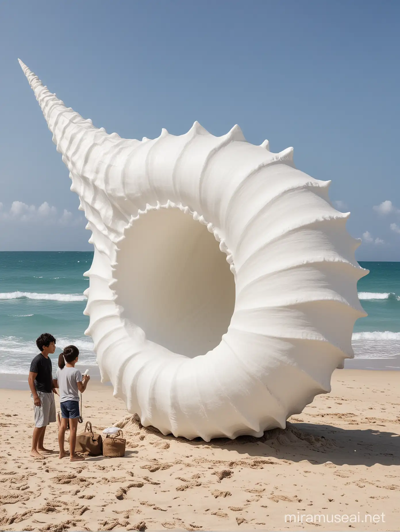 generate a huge white conch shell sculpture. Position it on a clean beach. Have some people standing next to it for size reference. Have it be about 2 meters tall.