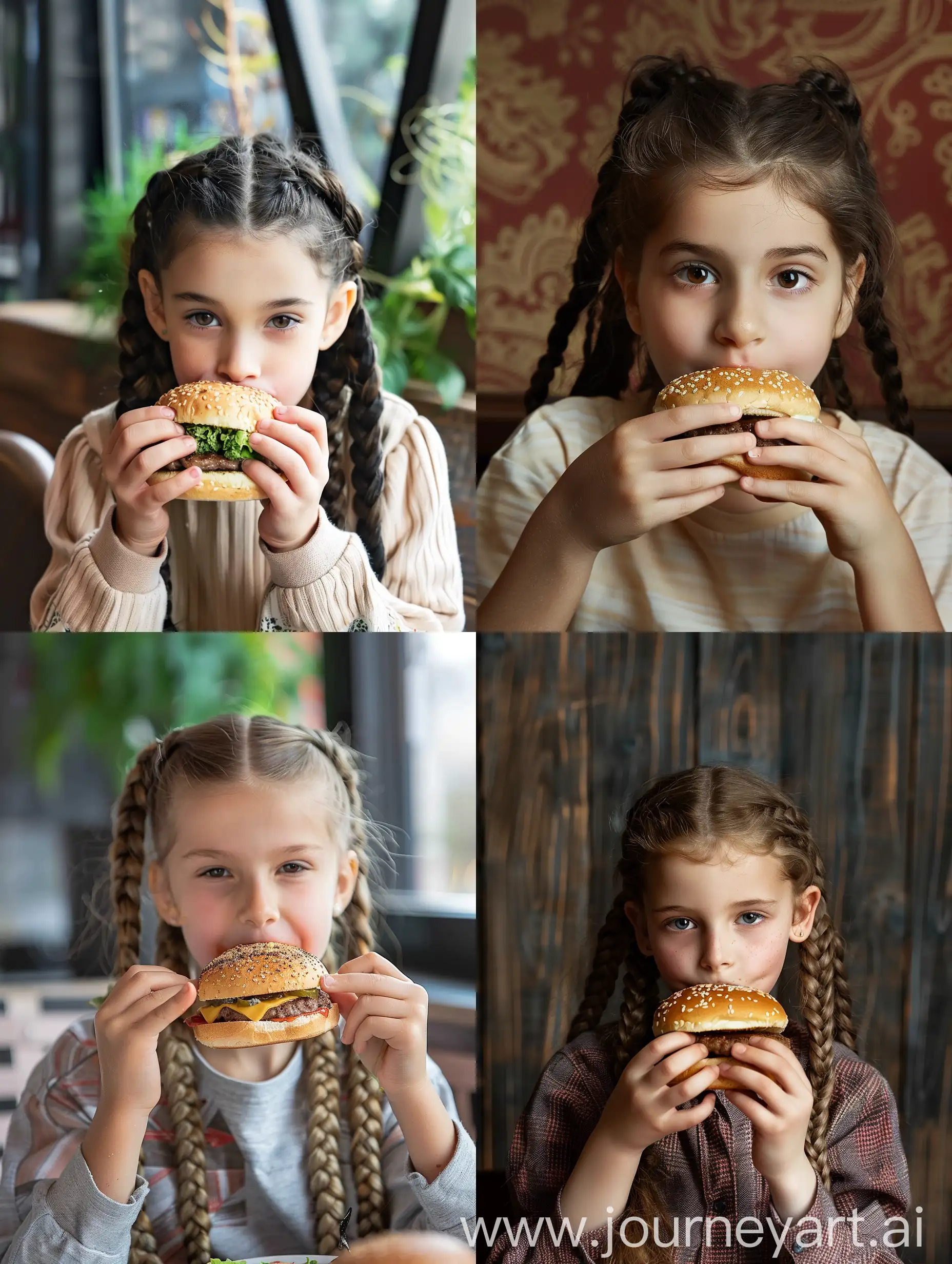 一个正在吃汉堡的8岁小女孩，梳着长长的辫子