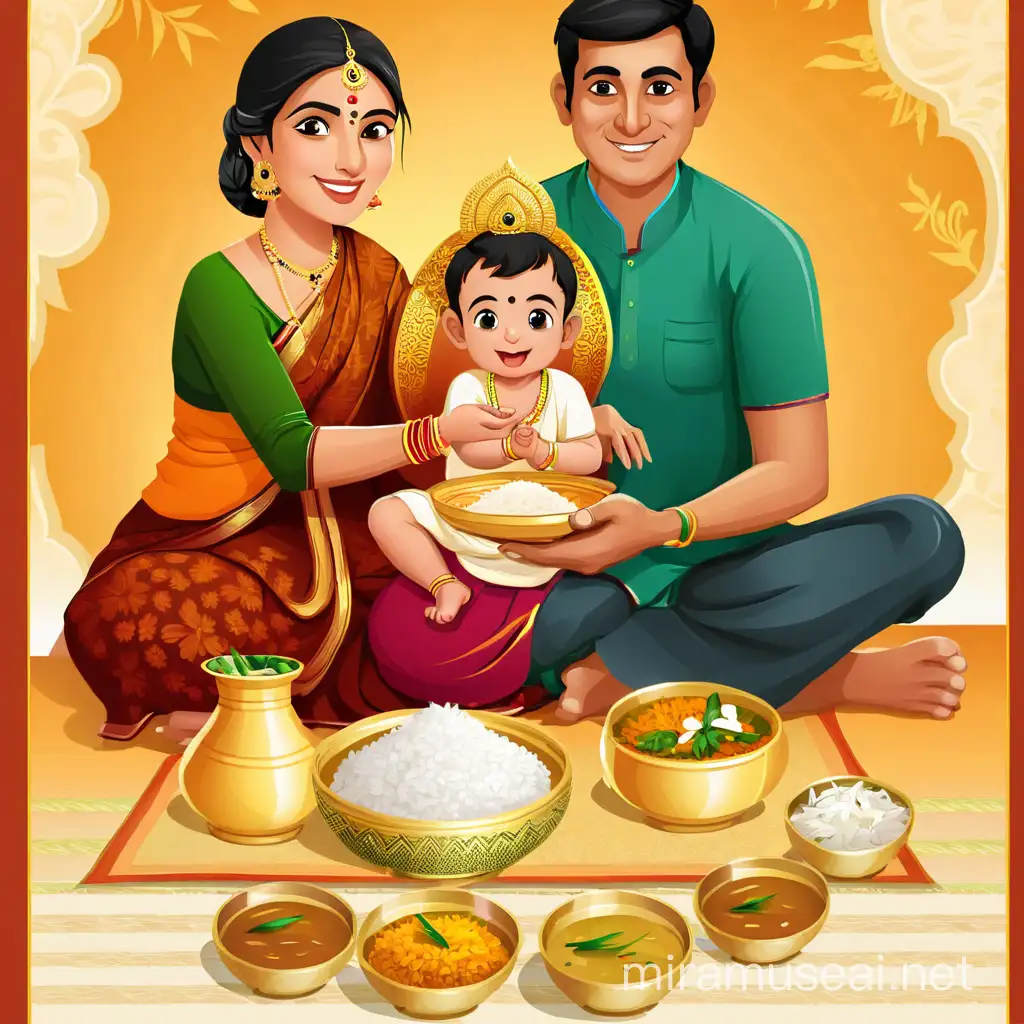 Indian rice ceremony, Mother and Father sitting with child on the lap