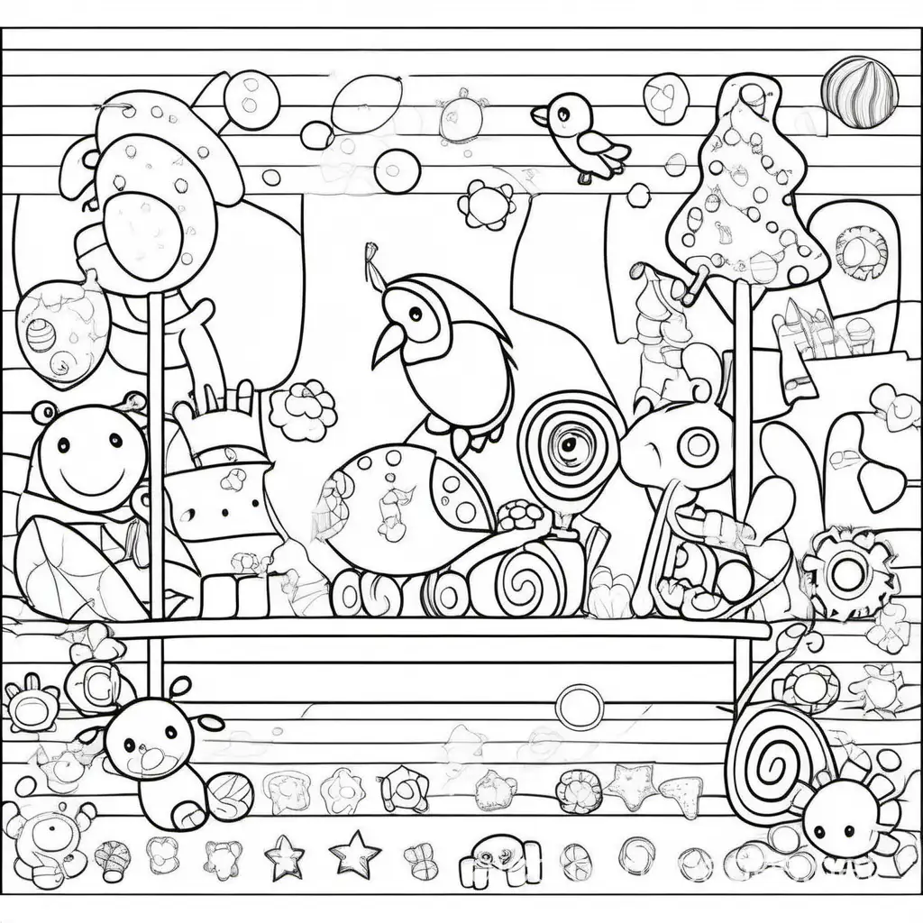 children's game, Coloring Page, black and white, line art, white background, Simplicity, Ample White Space. The background of the coloring page is plain white to make it easy for young children to color within the lines. The outlines of all the subjects are easy to distinguish, making it simple for kids to color without too much difficulty