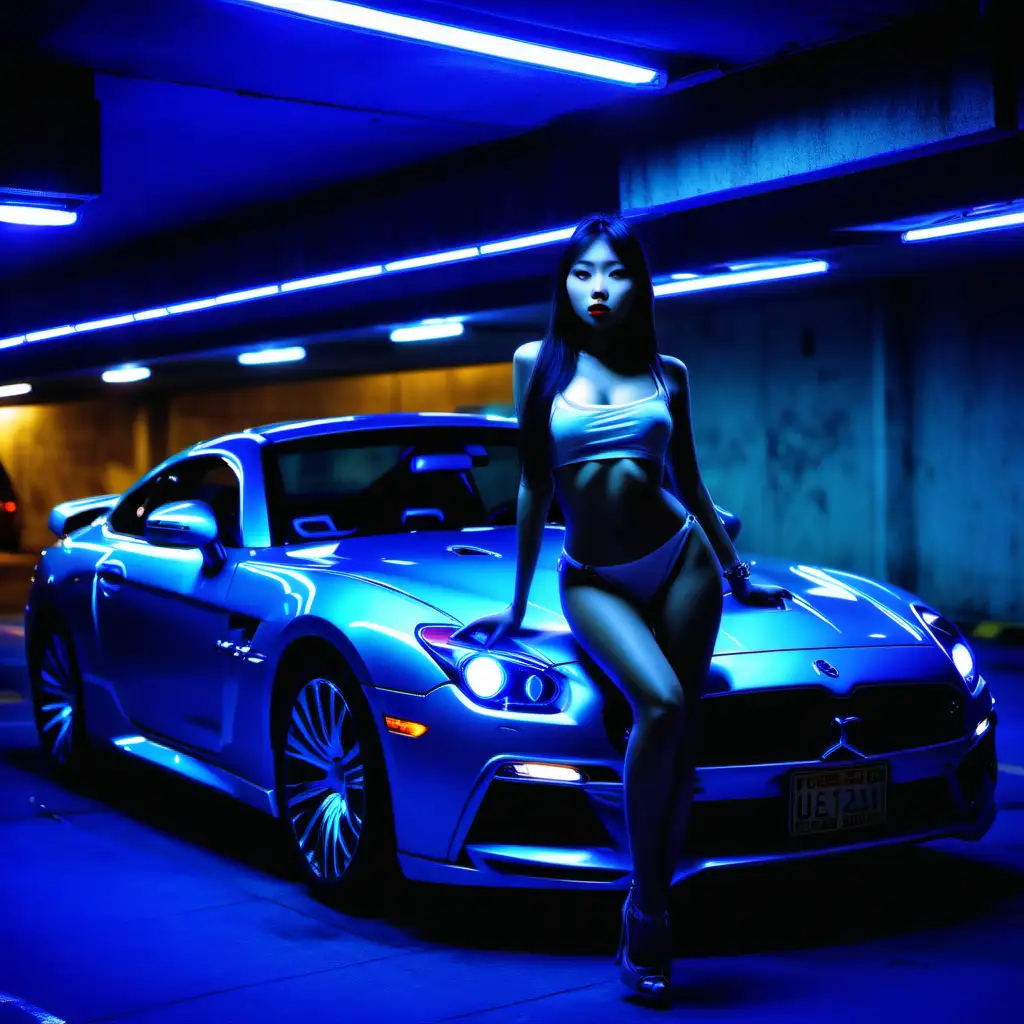 Sleek Car in Blue Lit Underground Parking with Stylish Asian Woman