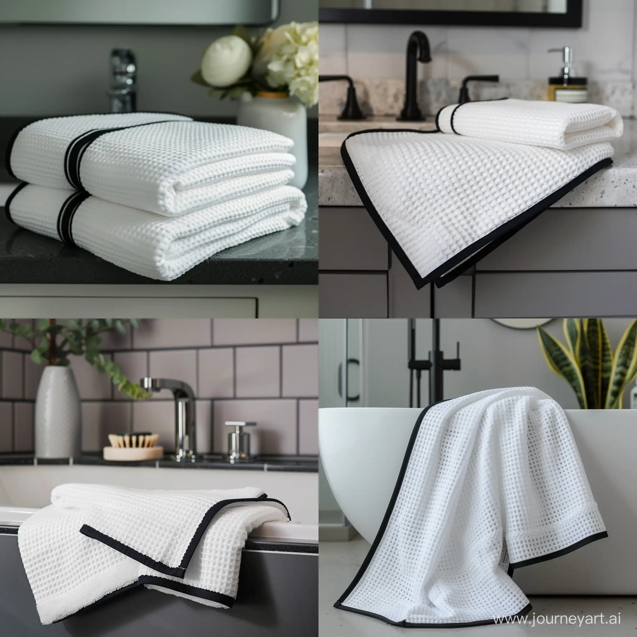 Monochrome-Contrast-White-Waffle-Towel-with-Black-Trim-in-a-Gray-Bathroom