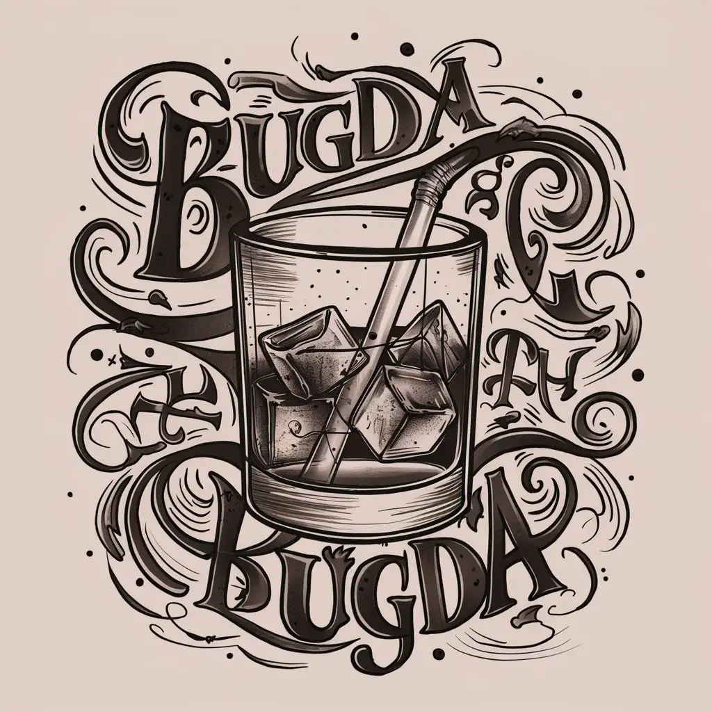 a tattoo design a glass of whicky with words Bugda swirling around it