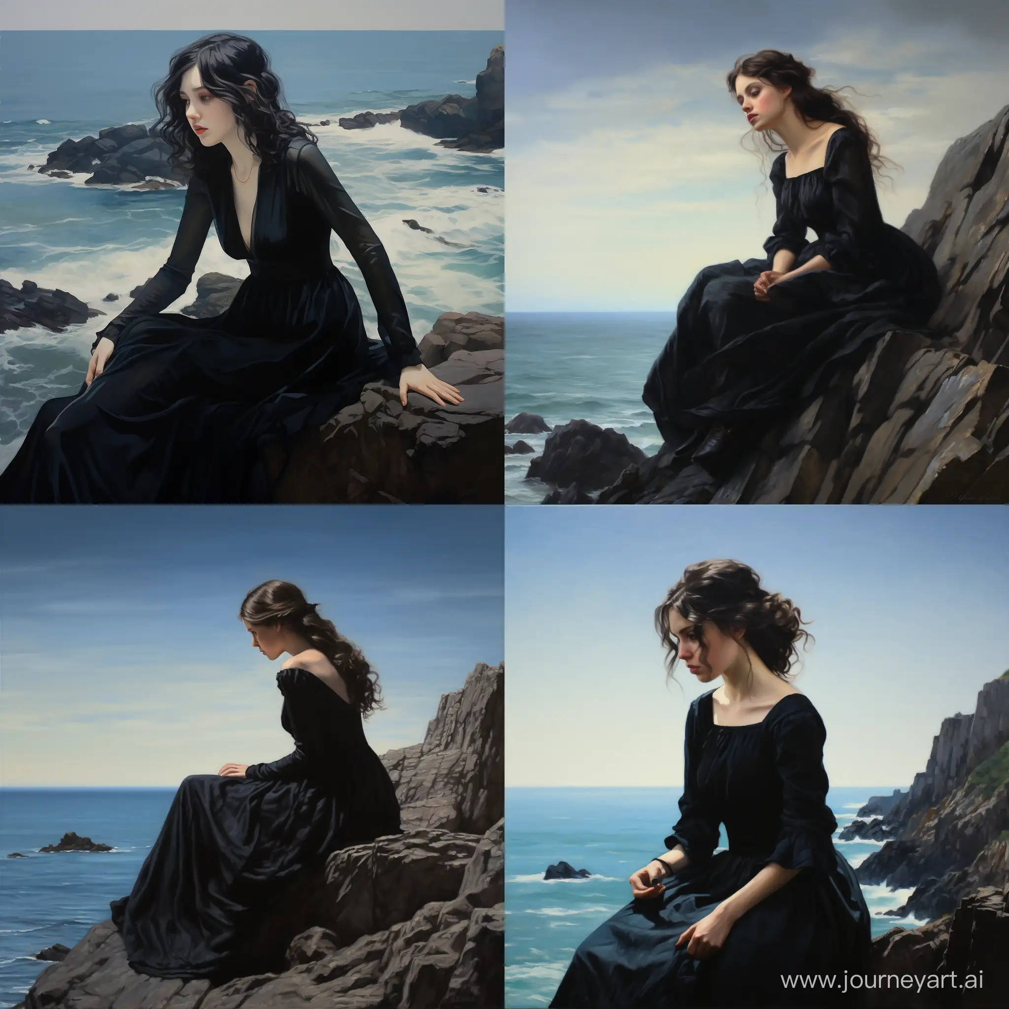 Serene-DarkHaired-Girl-in-Black-Dress-Contemplating-on-Seaside-Cliff