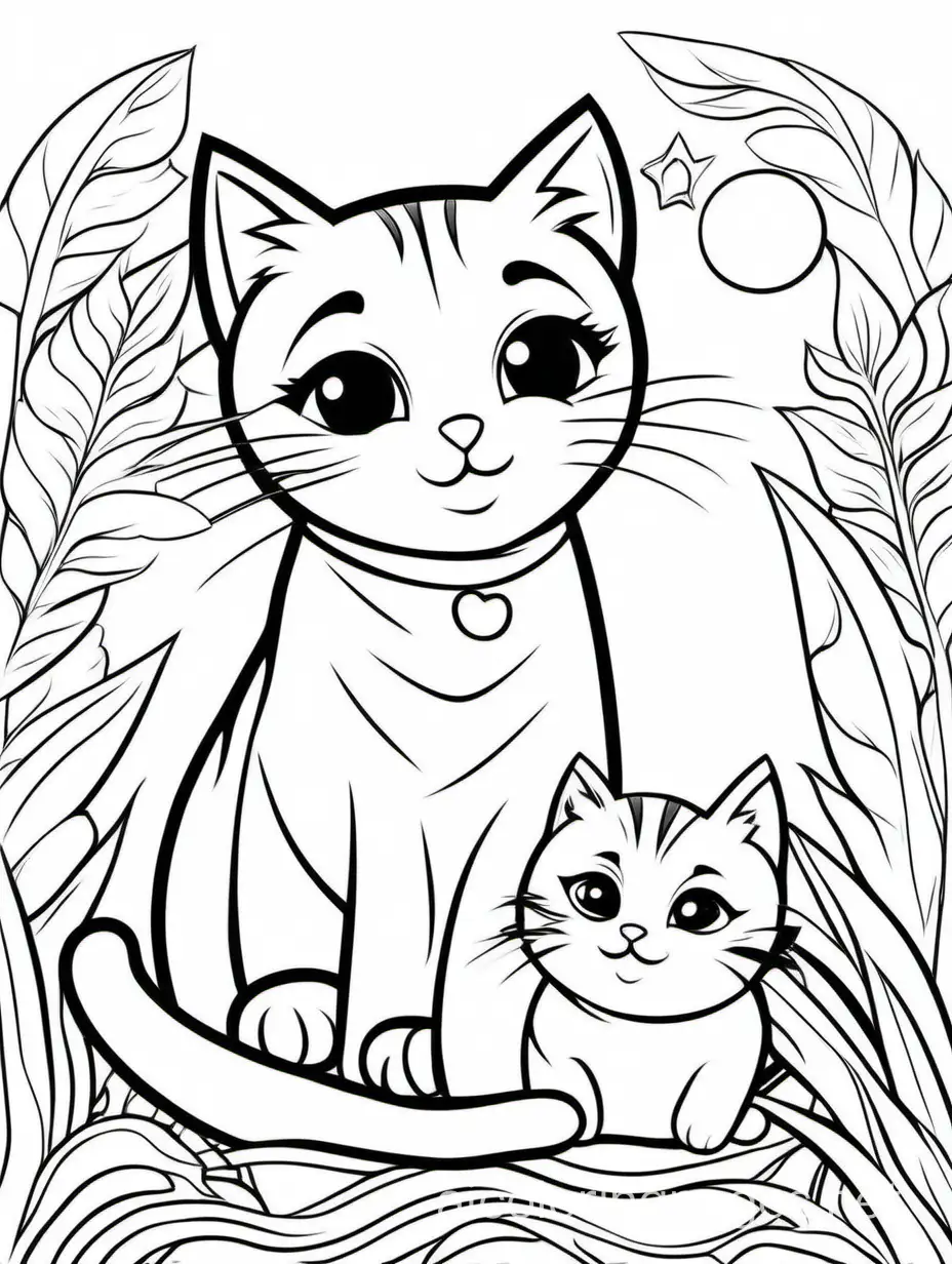 cute cat with his baby, Coloring Page, black and white, line art, white background, Simplicity, Ample White Space. The background of the coloring page is plain white to make it easy for young children to color within the lines. The outlines of all the subjects are easy to distinguish, making it simple for kids to color without too much difficulty