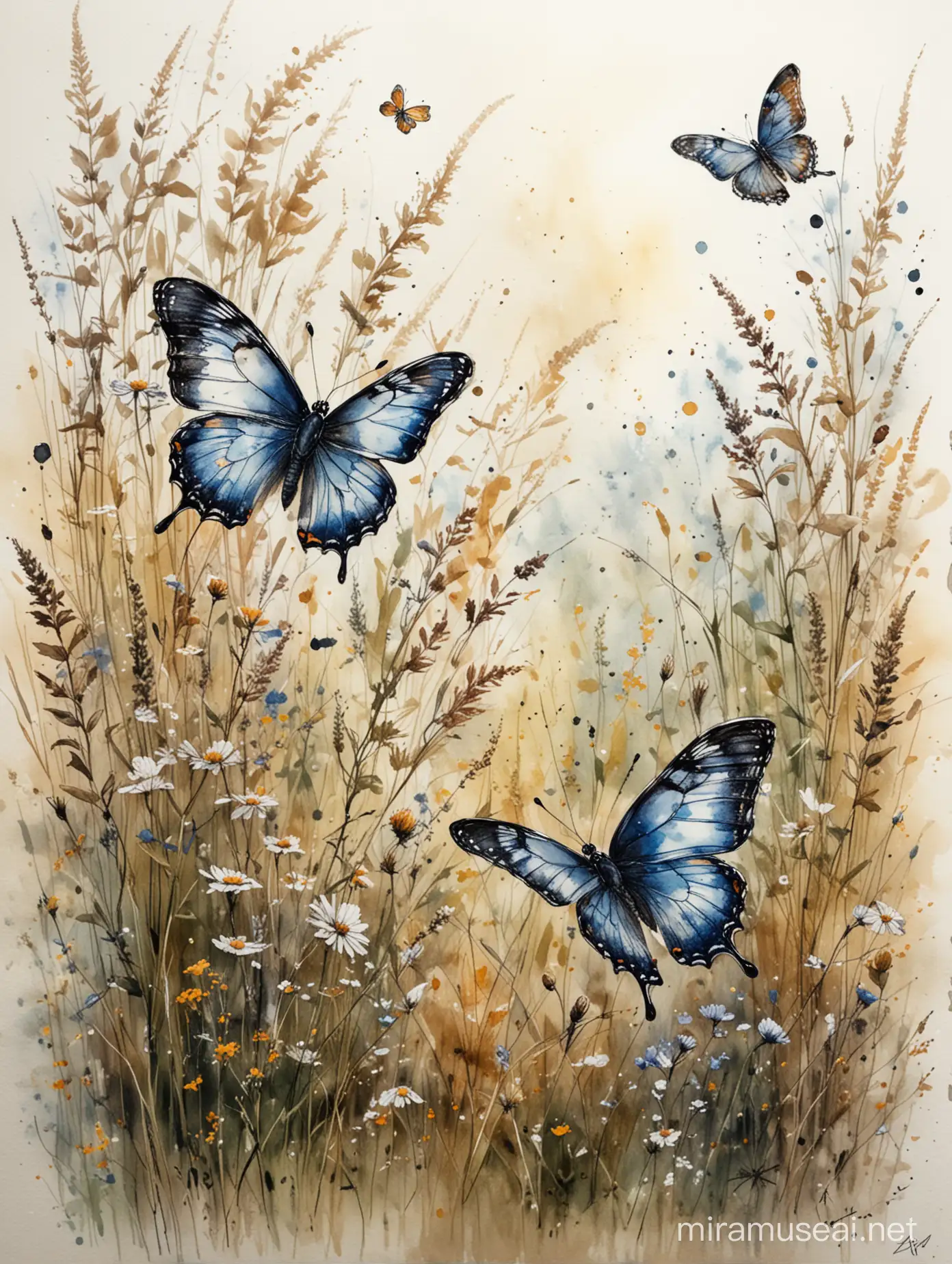 realistic abstract scribbled ink sketch with light watercolor over of butterflies in a meadow 
