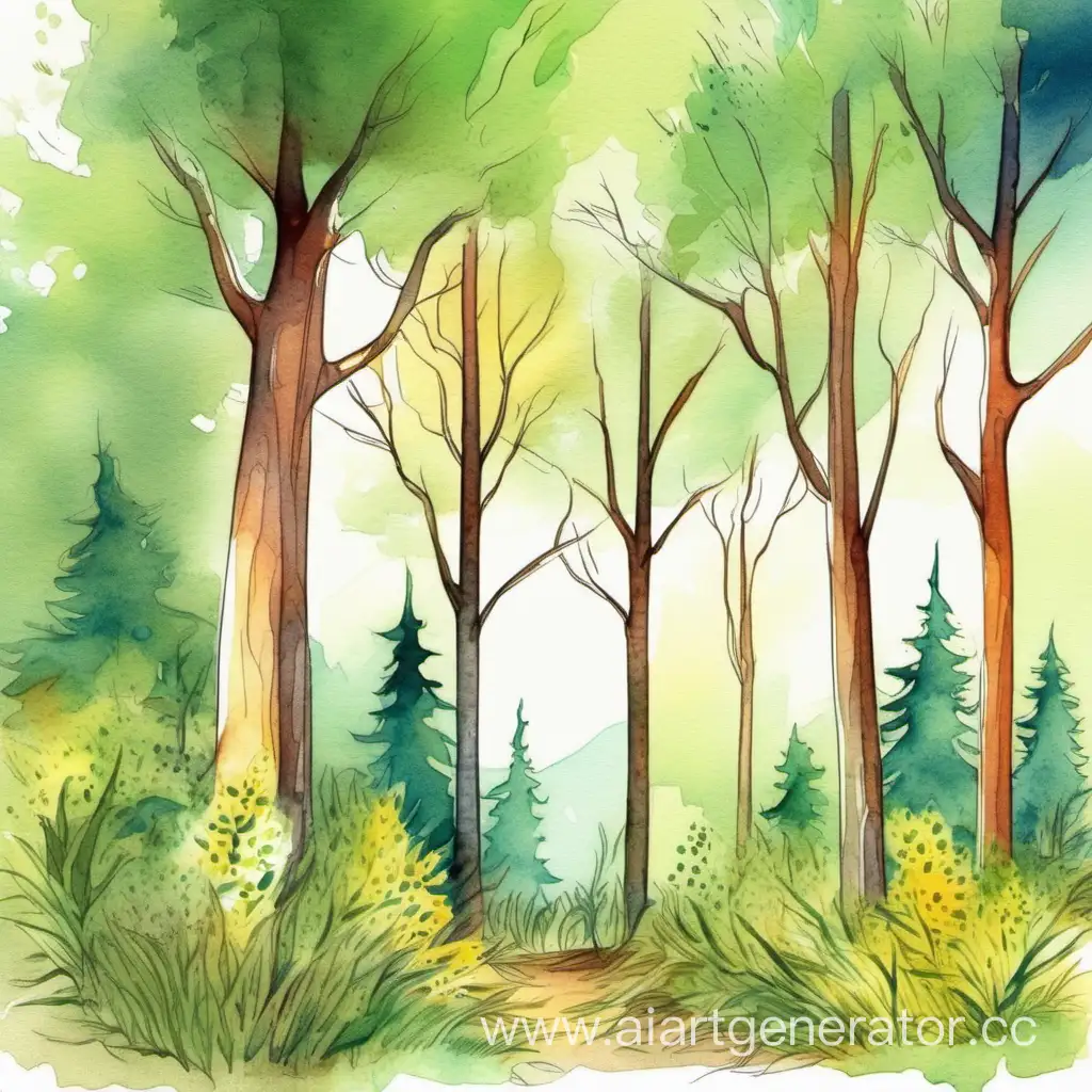 Serene-Summer-Forest-Illustration-with-Trees-and-Watercolor-Accents