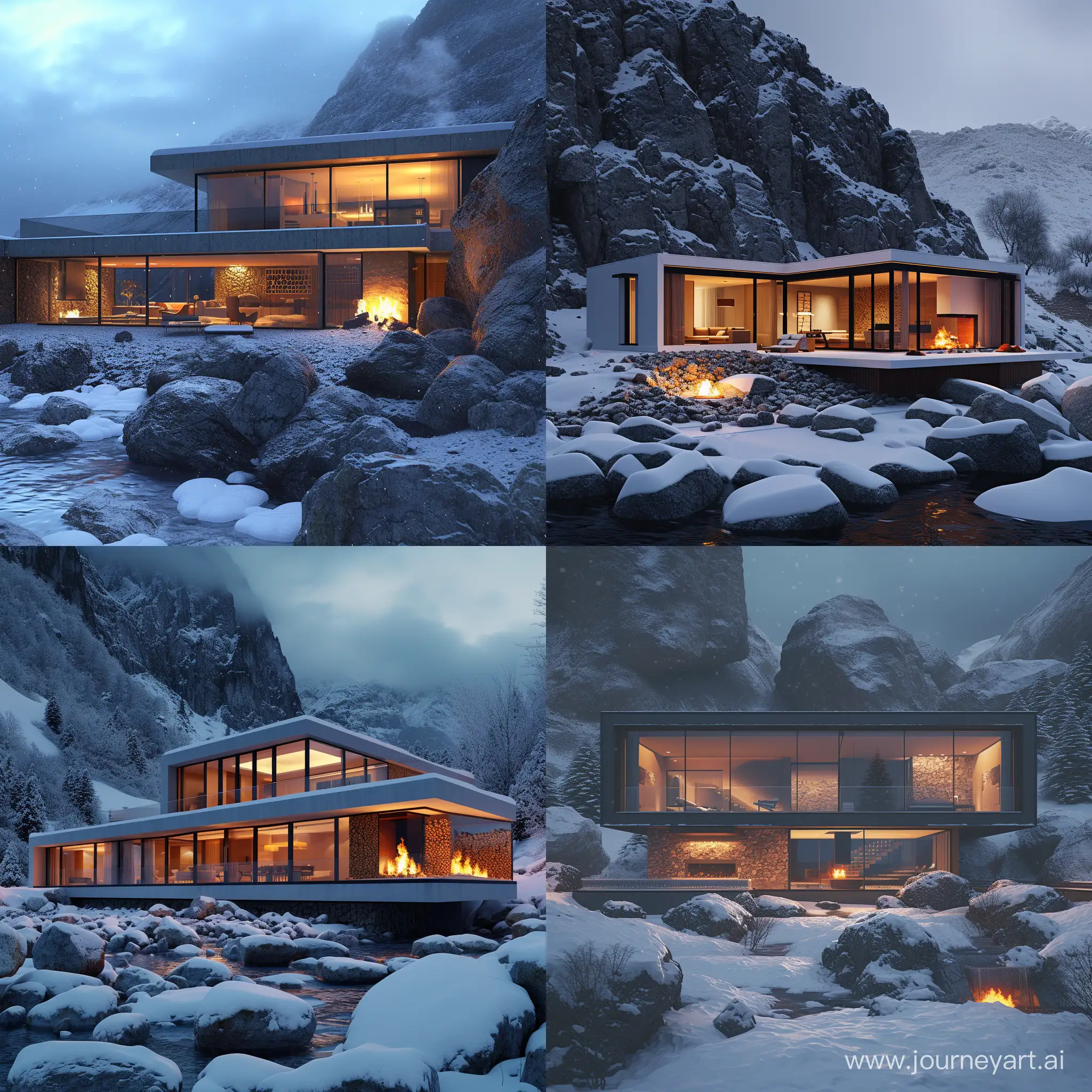 Luxurious-Mountain-Villa-Snowy-Retreat-with-Glossy-Facade-and-Warm-Fireplace-Ambience