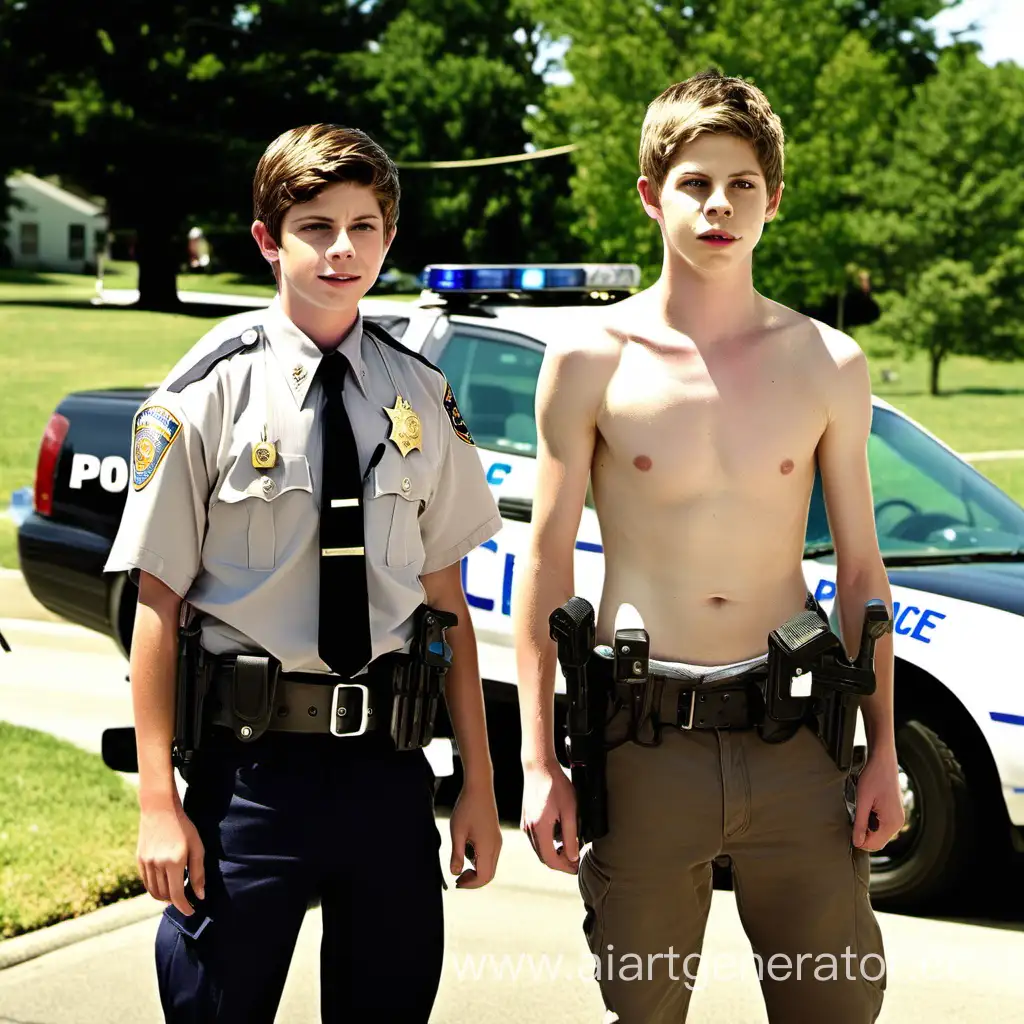 cute police officer Logan Lerman, shirtless, arrests a criminal cute shirtless Colin Ford, full length