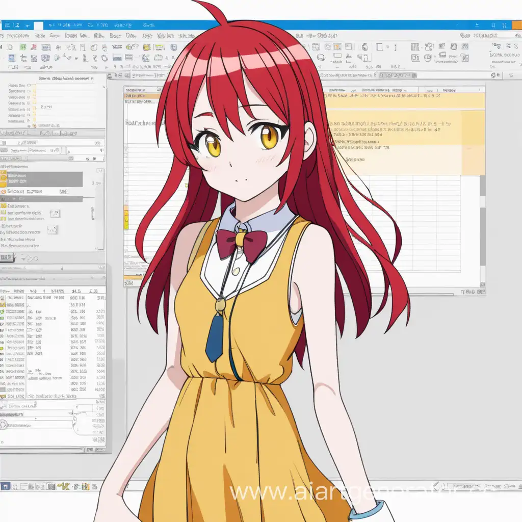 приложение 1С сделали тело аниме девушки в 2д стиле; бело-красные волосы; желтое платье; сделай так чтобы было понятно что раньше это была программа 1С; например бухгалтером