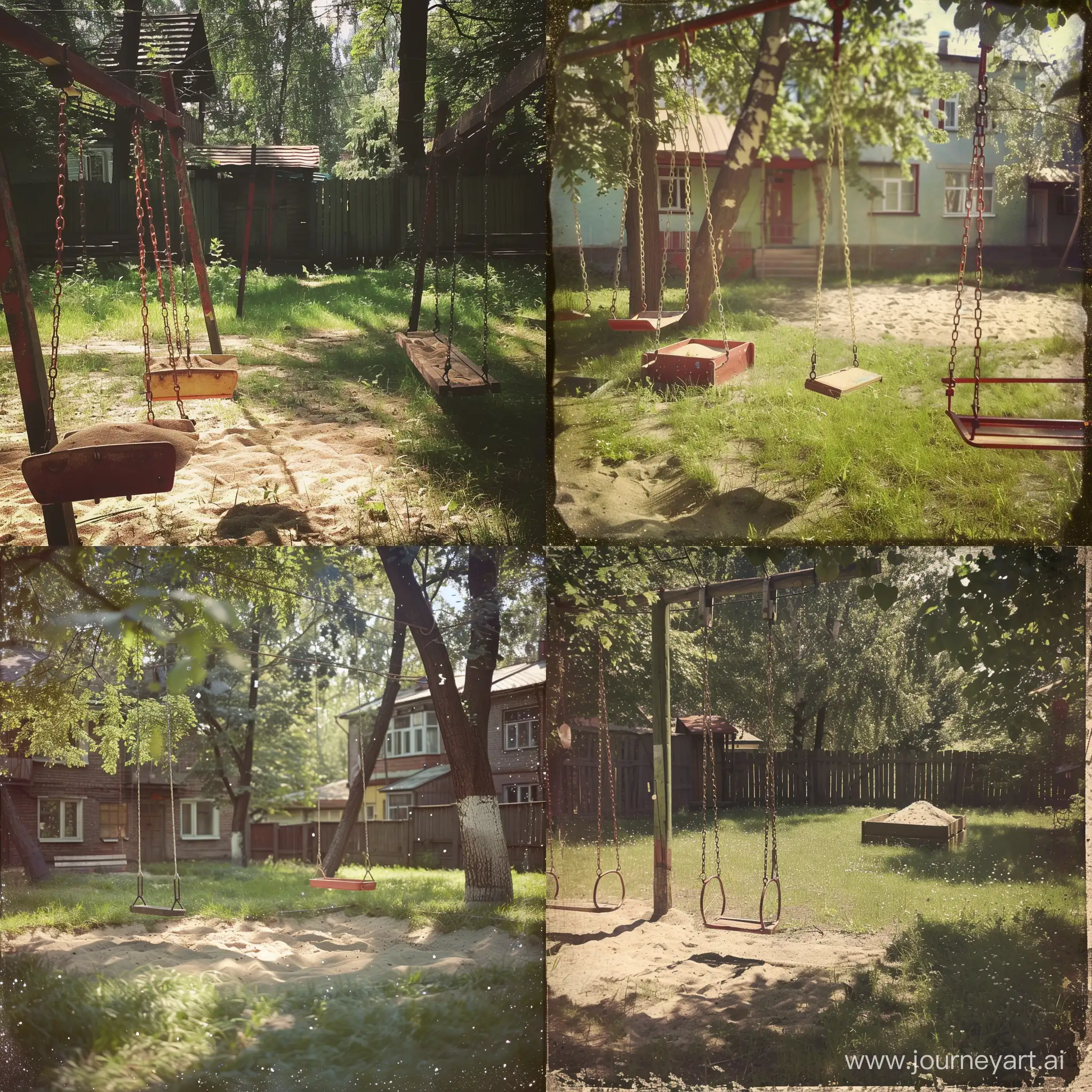 Лето, советский двор, качели, песочница, трава, обработка в стиле ностальгии
