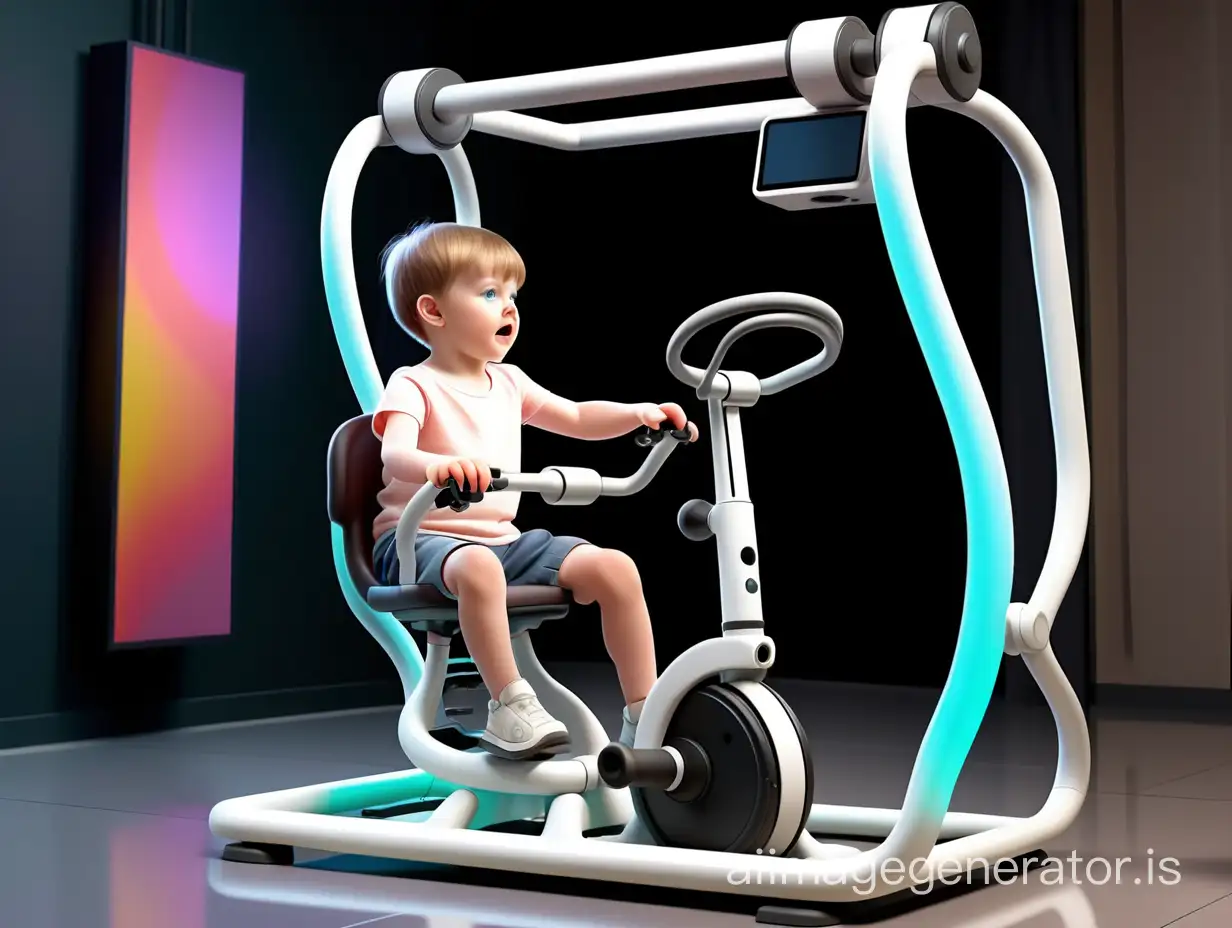 The frame standing on the floor, with a stable structure.
Handles and pedals in the style of a stationary bike, located at the level of the hands and feet, providing a comfortable body position.
A mechanism for suspending a child in a standing position, allowing the child to be raised and lowered above the trainer.
A screen with elements of virtual reality and audio prompts, located at the child's eye level.
Built-in sensors and cameras for tracking the movements of a suspended child.
Bright colors and light effects