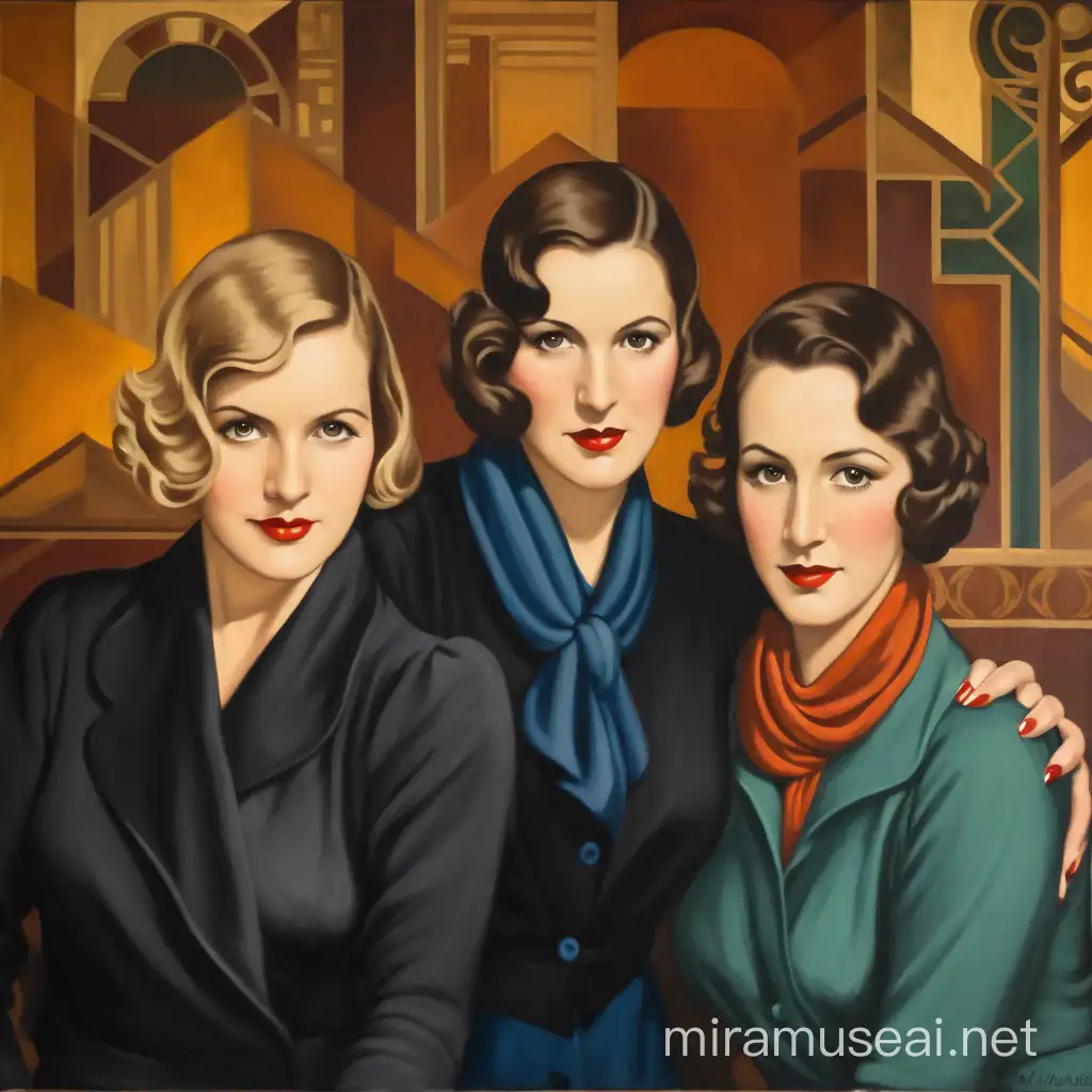 Three Women in Vintage 1930s Portrait Painting