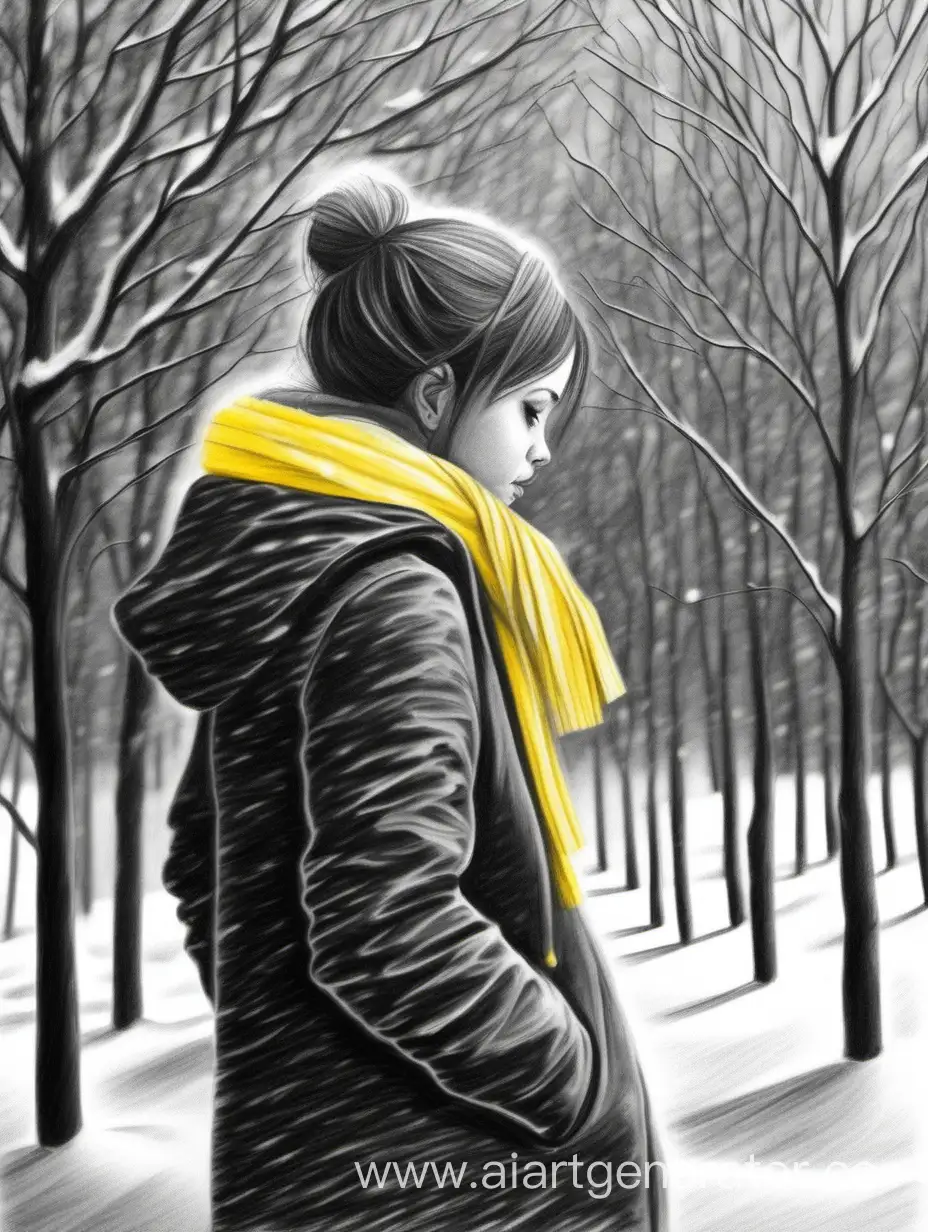 pencil art, black and white and yellow, warm winter day, feelings, sadness