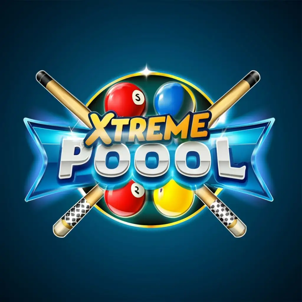 logo, billiard balls cue sticks blue yellow, with the text "Xtreme Pool", typography