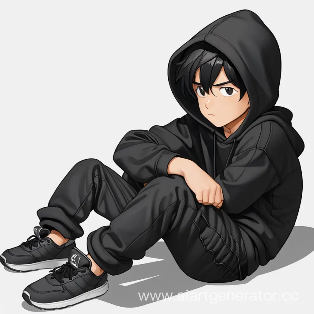 Fatigued-BlackHaired-Boy-in-Black-Hoodie-Resting-Against-White-Background